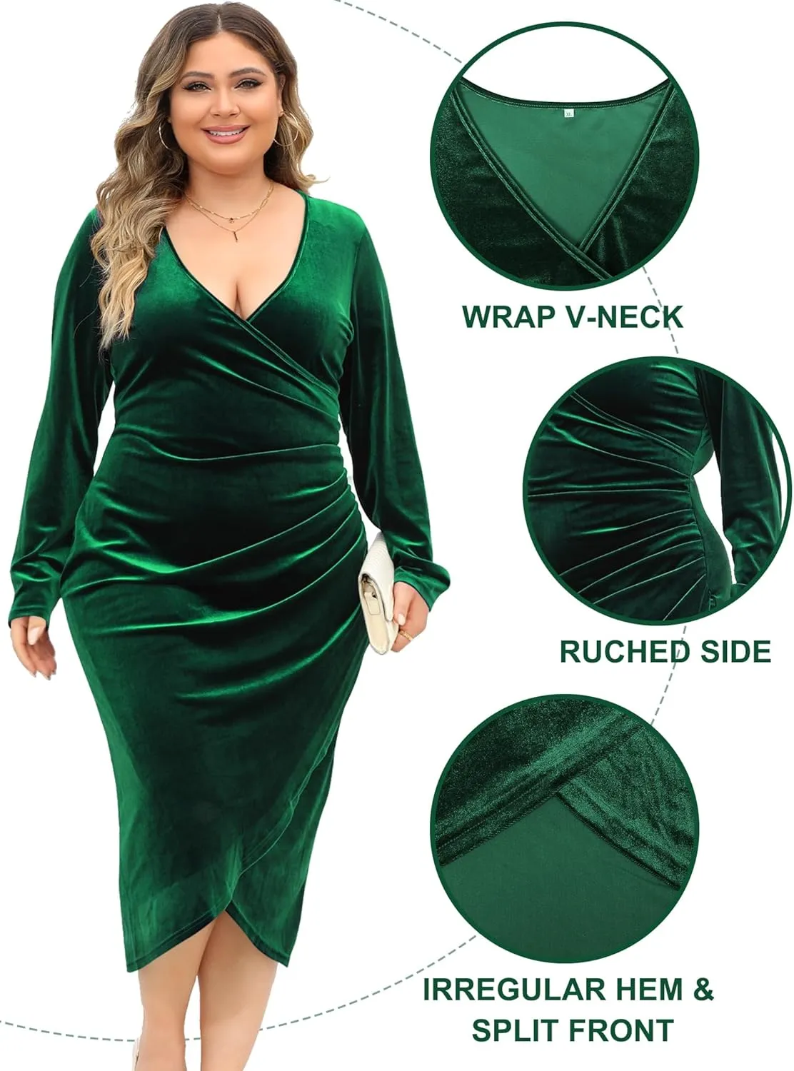 MIDNIGHTSUN Women Plus Size Velvet Dress Wrap V Neck Long Sleeve Ruched Bodycon Maxi Dress for Cocktail Party Wedding Guest
