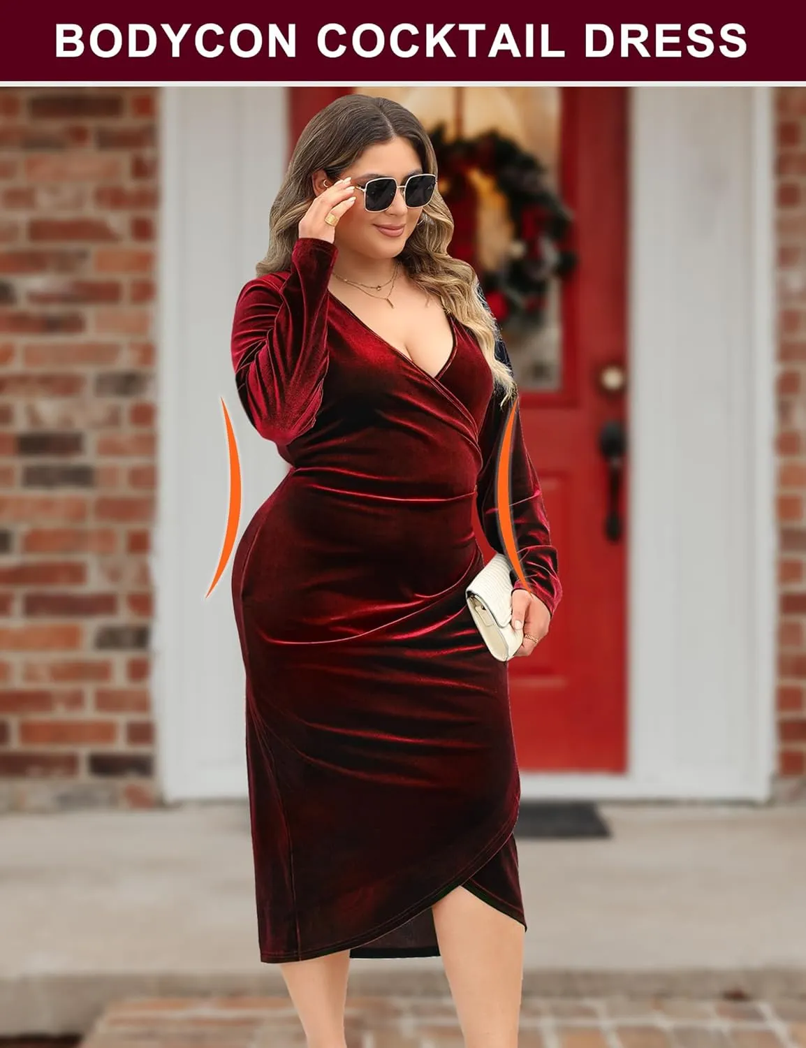 MIDNIGHTSUN Women Plus Size Velvet Dress Wrap V Neck Long Sleeve Ruched Bodycon Maxi Dress for Cocktail Party Wedding Guest