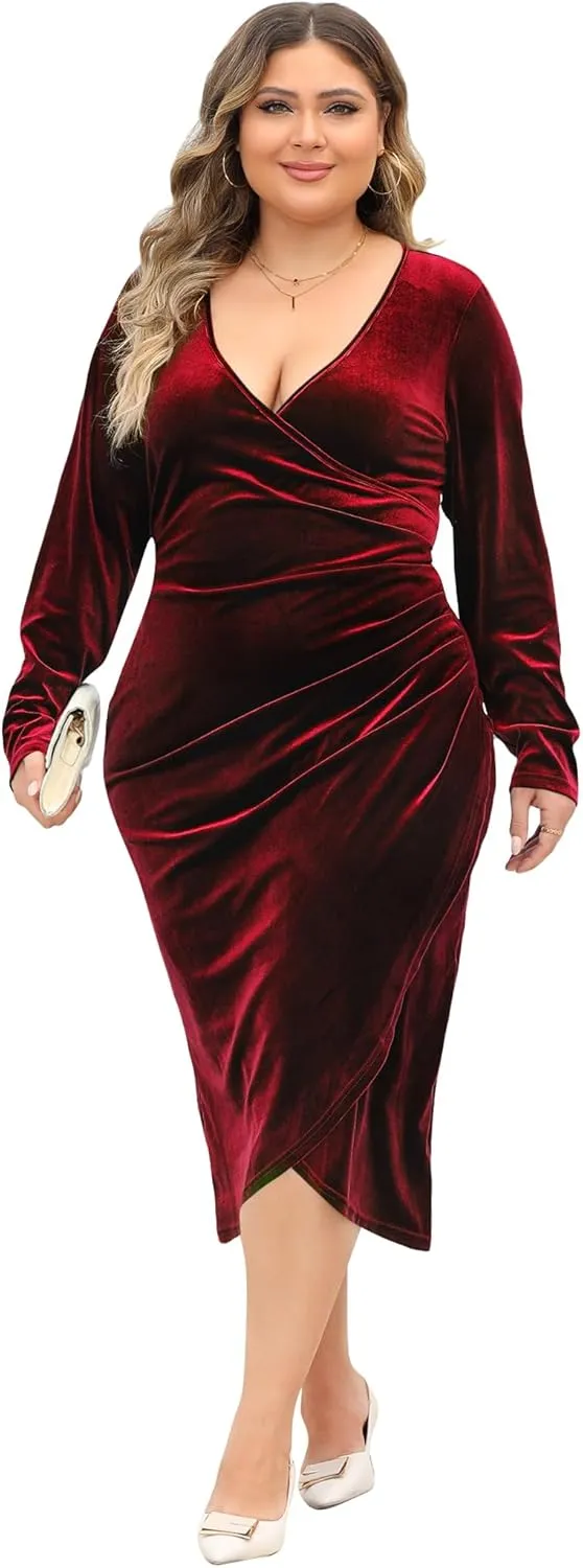 MIDNIGHTSUN Women Plus Size Velvet Dress Wrap V Neck Long Sleeve Ruched Bodycon Maxi Dress for Cocktail Party Wedding Guest