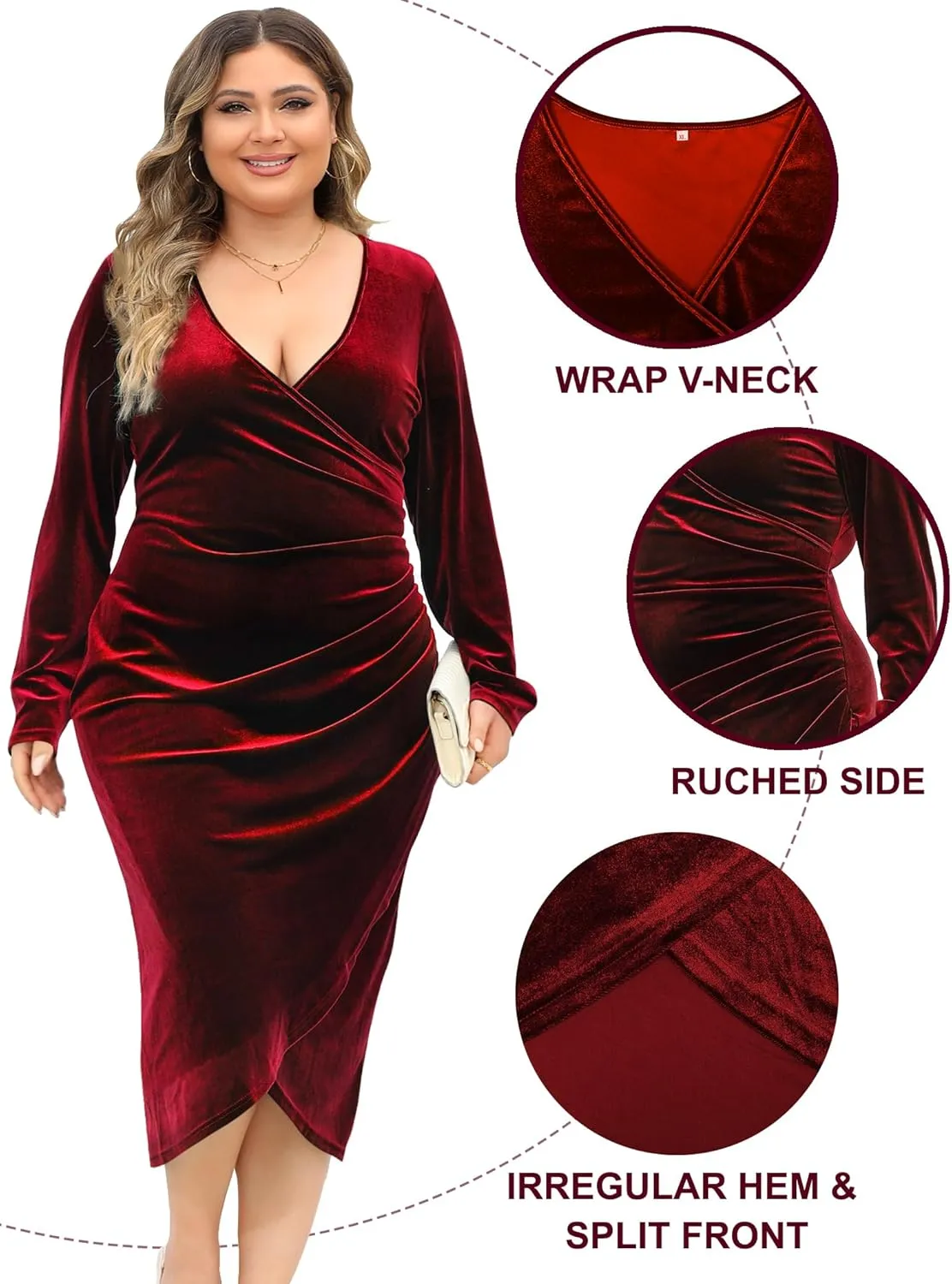 MIDNIGHTSUN Women Plus Size Velvet Dress Wrap V Neck Long Sleeve Ruched Bodycon Maxi Dress for Cocktail Party Wedding Guest
