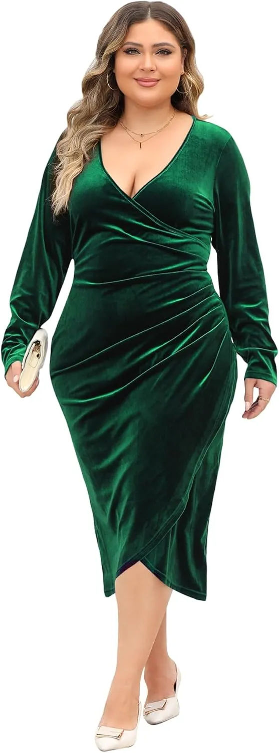 MIDNIGHTSUN Women Plus Size Velvet Dress Wrap V Neck Long Sleeve Ruched Bodycon Maxi Dress for Cocktail Party Wedding Guest