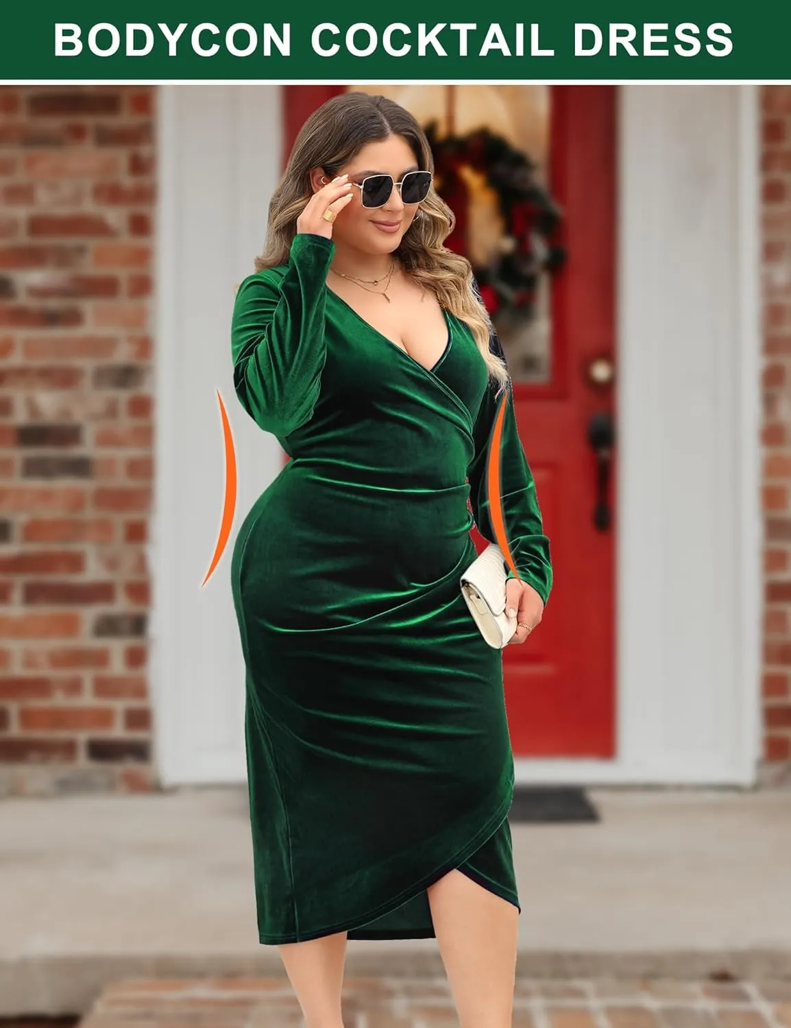 MIDNIGHTSUN Women Plus Size Velvet Dress Wrap V Neck Long Sleeve Ruched Bodycon Maxi Dress for Cocktail Party Wedding Guest
