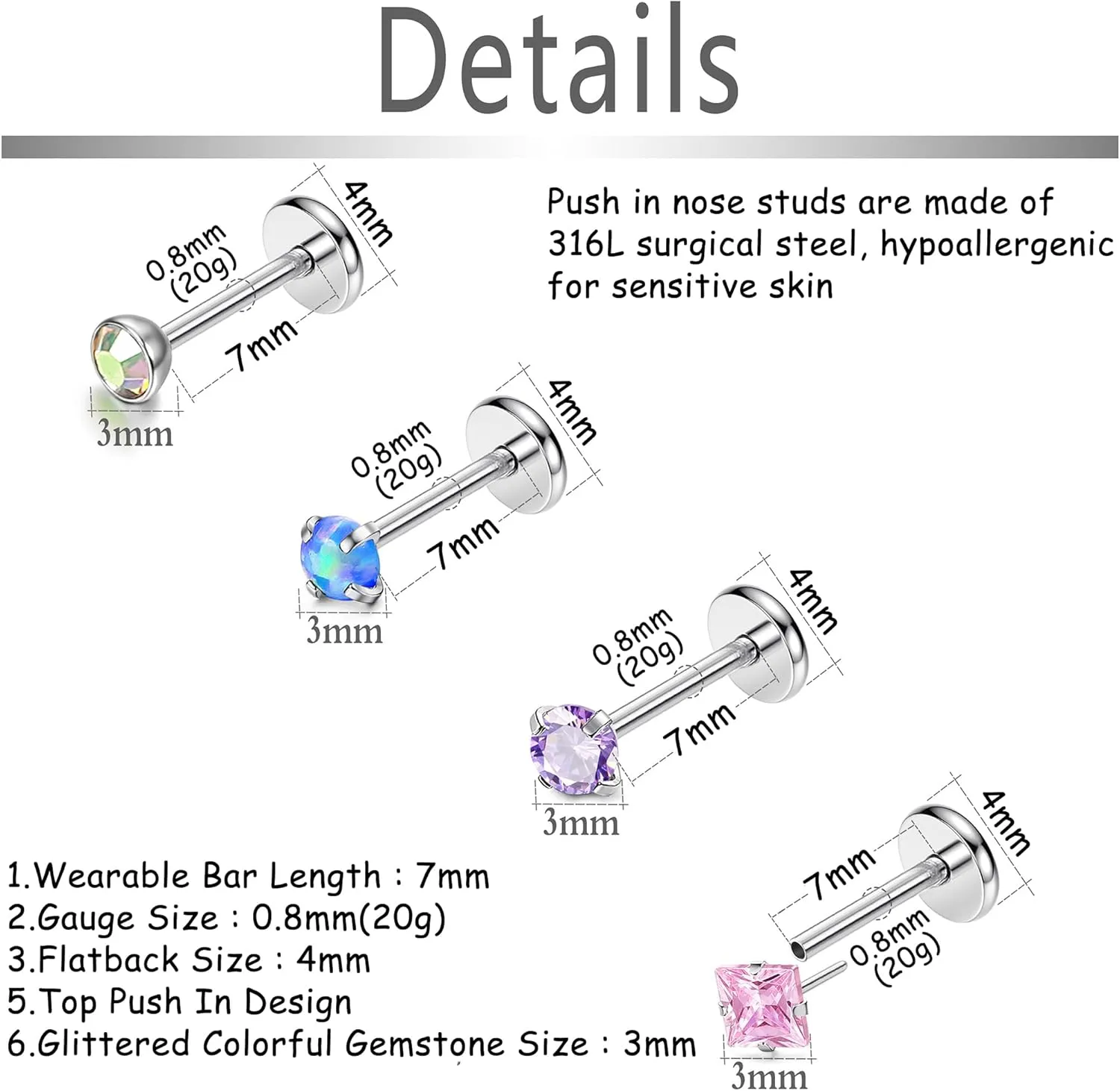 MILACOLATO 20G 18G Threadless Push In Nose Rings Studs 316L Surgical Steel Pushin Nose Stud 3mm Rainbow Crystal Opal Nose Rings Hypoallergenic Nostril Piercing Jewelry for Women Men 20Pcs