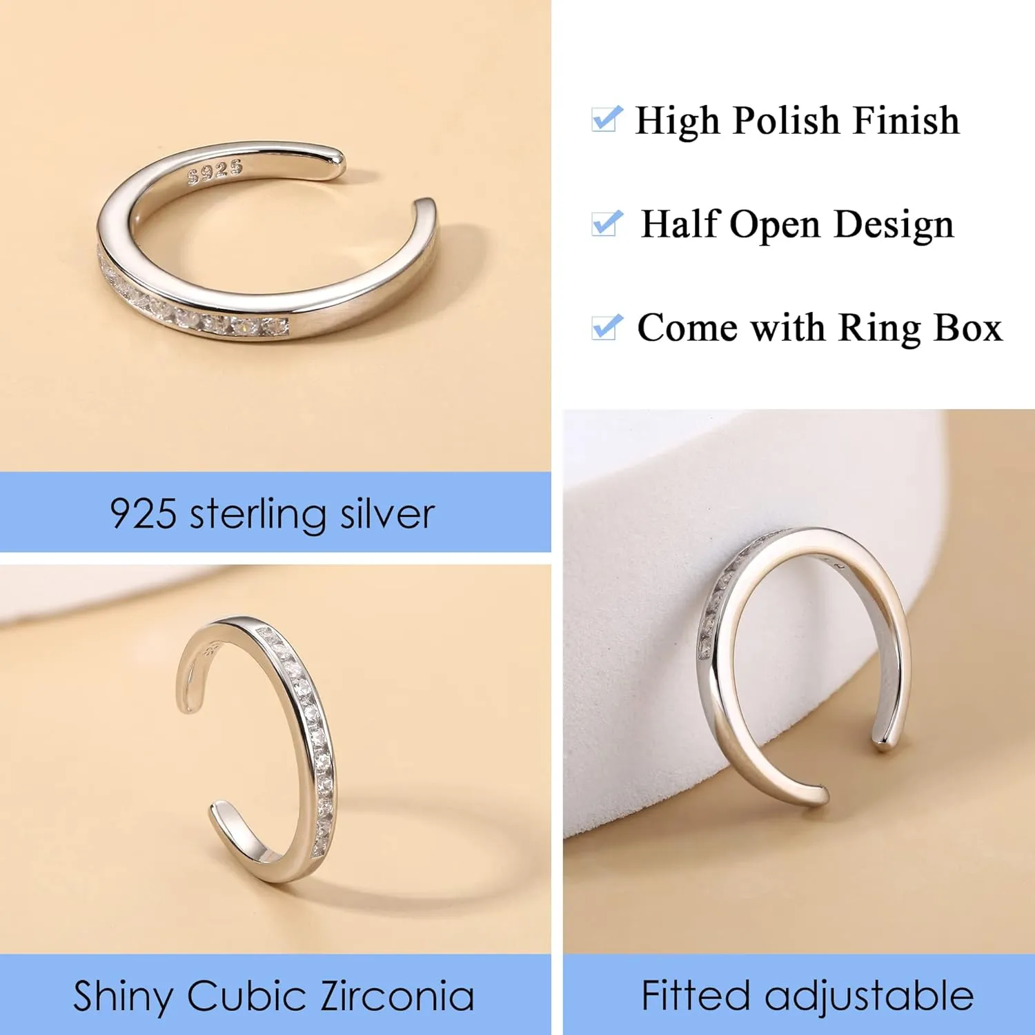 MILACOLATO 2Pcs Sterling Silver Toe Rings Set Cubic Zirconia Adjustable Band Rings Fitted Wrap Around Toe Ring for Women Summer Barefoot Jewelry