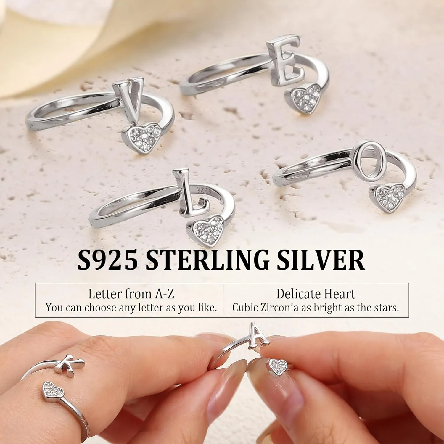 MILACOLATO 925 Sterling Silver Initial Rings for Women Teen Girl 18K Gold Plated Heart Letter Rings Adjustable Capital Letter Ring Stackable Thumb Pinky Rings for Mothers Daughter Birthday Bridesmaid Gifts Jewelry