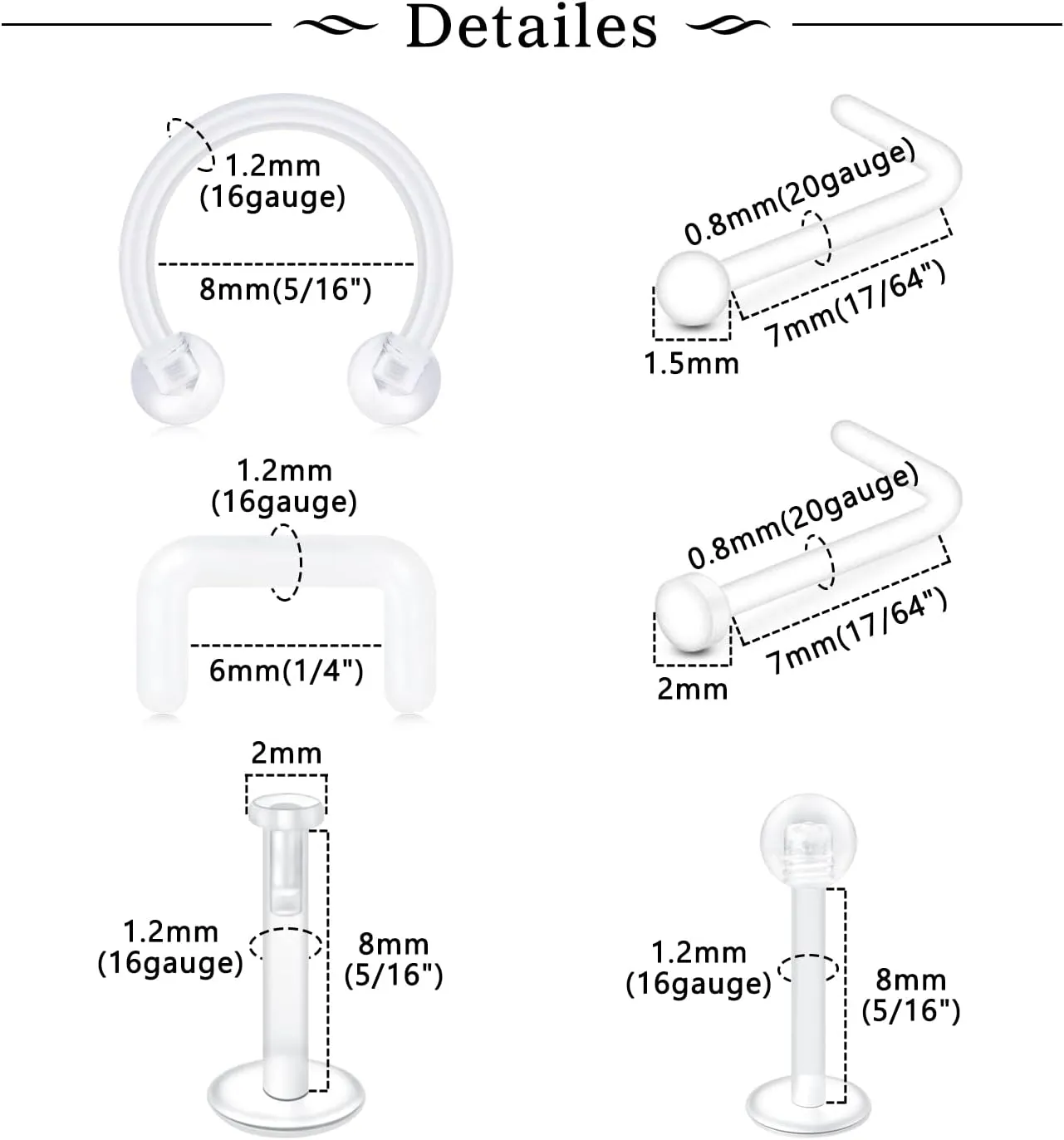 MODRSA Clear Nose Rings & Studs - Plastic Nose Piercing Retainers - 16g, 18g, 20g - Clear Cartilage Earrings & Lip Piercing Retainer