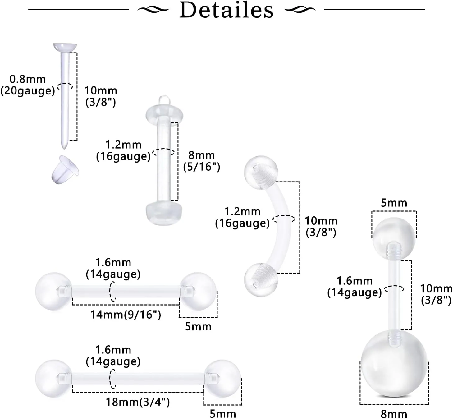 MODRSA Clear Nose Rings & Studs - Plastic Nose Piercing Retainers - 16g, 18g, 20g - Clear Cartilage Earrings & Lip Piercing Retainer