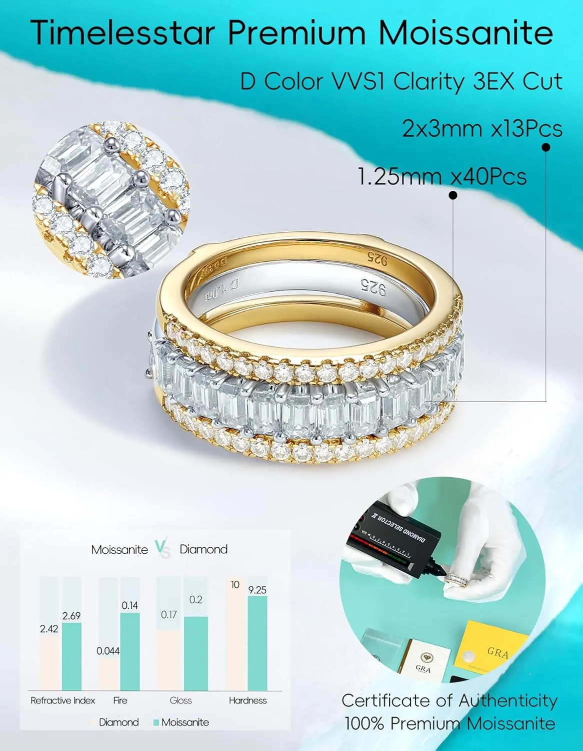 Moissanite Ring Sets for Women Band Stackable D Color VVS1 Clarity 3EX Cut S925 Sterling Silver 14K Gold Plated Non Tarnish Easily