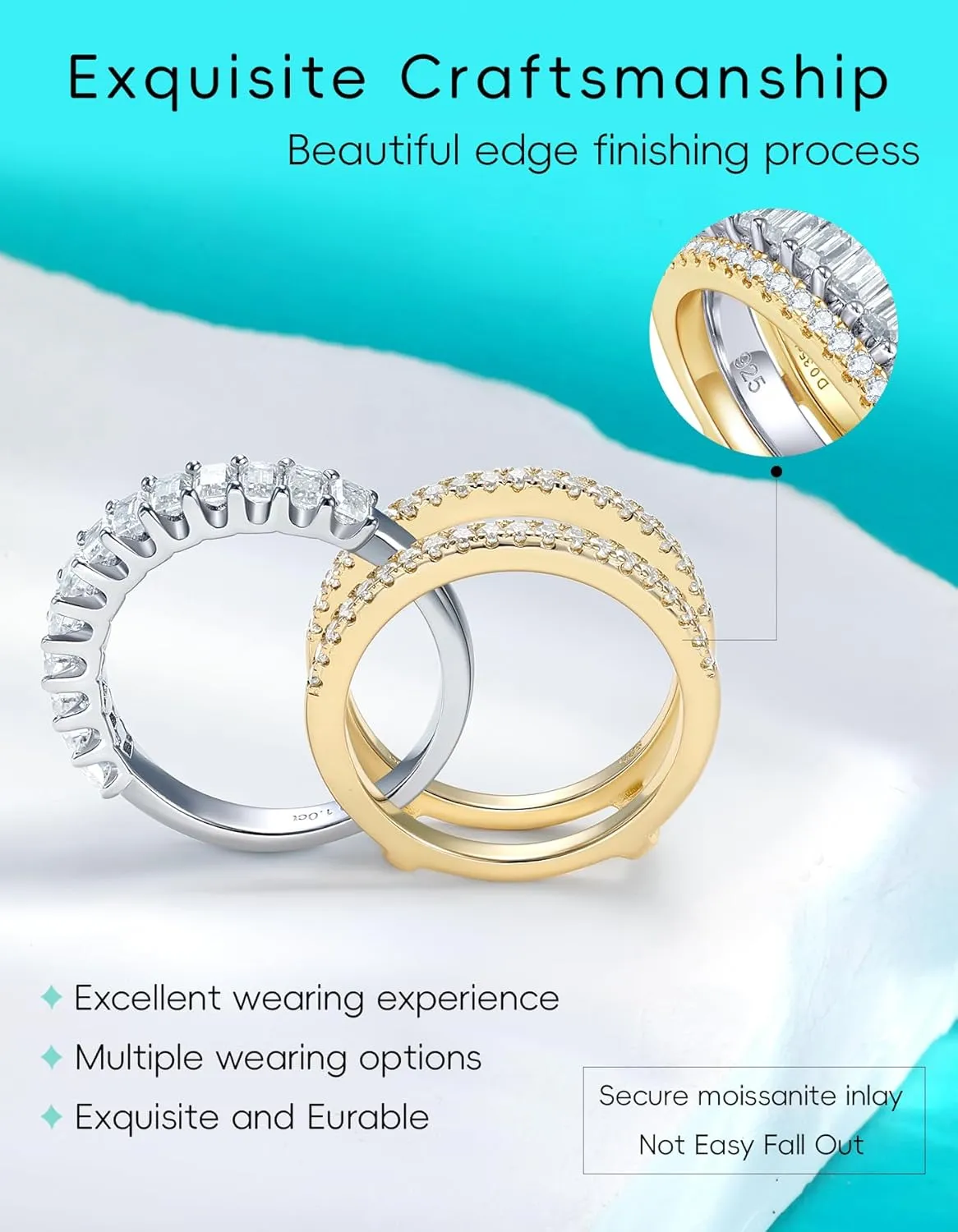 Moissanite Ring Sets for Women Band Stackable D Color VVS1 Clarity 3EX Cut S925 Sterling Silver 14K Gold Plated Non Tarnish Easily