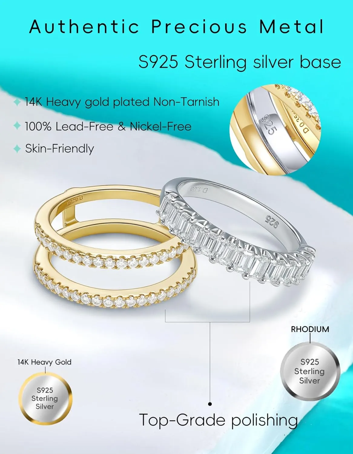 Moissanite Ring Sets for Women Band Stackable D Color VVS1 Clarity 3EX Cut S925 Sterling Silver 14K Gold Plated Non Tarnish Easily