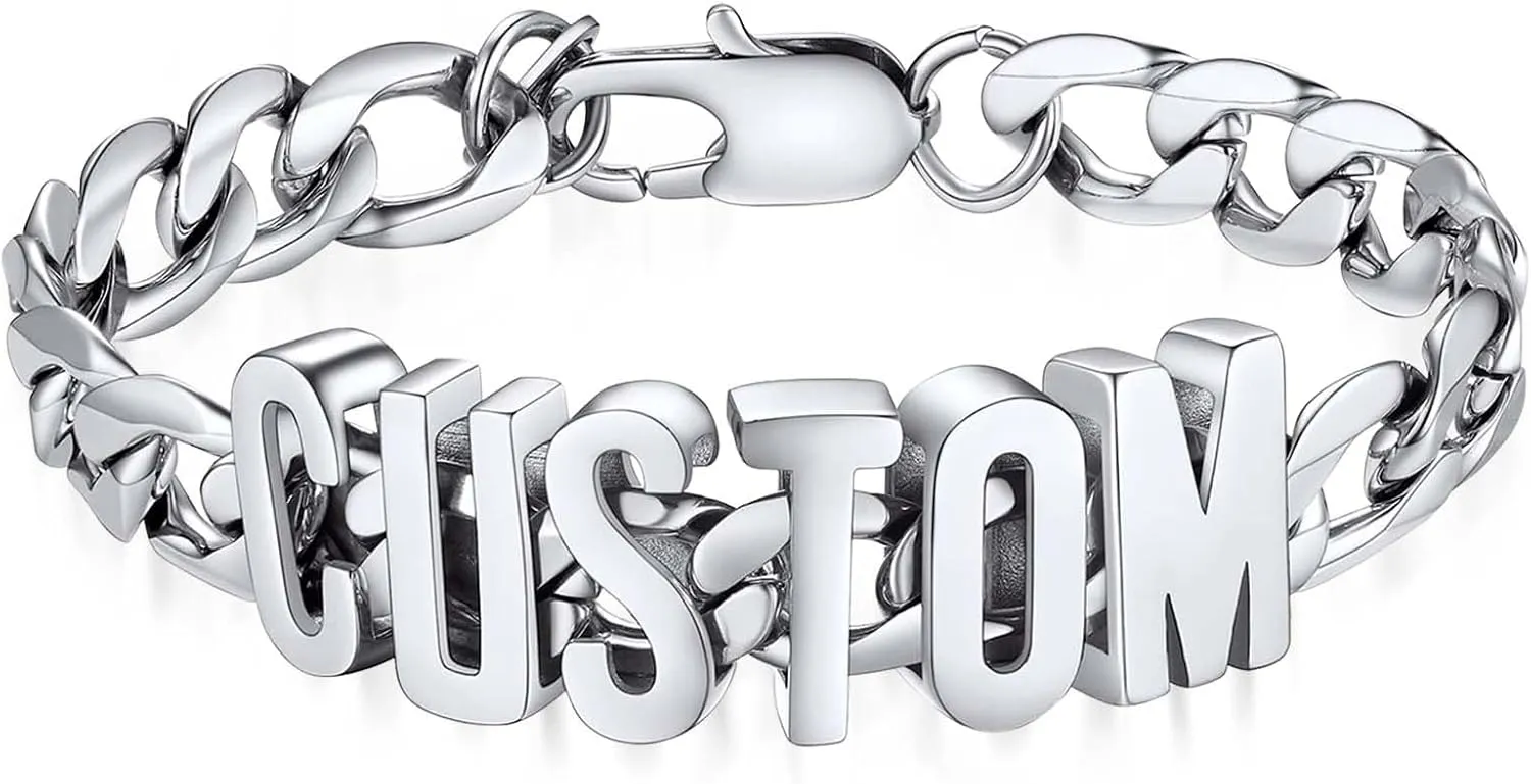 MOTICIUS Personalized Name Bracelet Custom Mens Bracelet Stainless Steel Cuban Link Chain for Men Father Customized Bracelet Hip Hop Jewelry Gifts for Anniversary Birthday Fathers Day Graduation