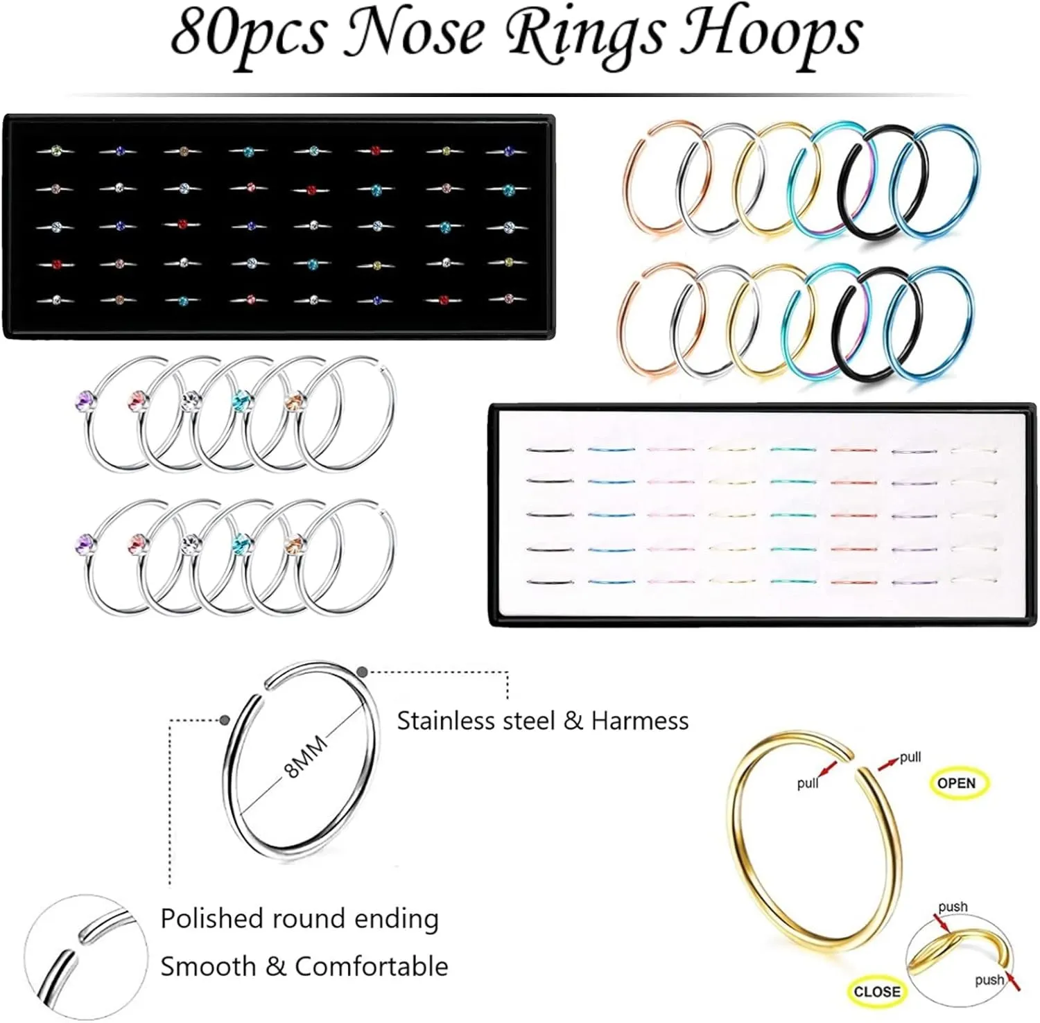 Nose Rings Studs and Hoops, Surgical Stainless Steel Hypoallergenic Nose Rings Set for Women Men, Straight/L/Screw Shaped and 1.5/2.0/2.5mm Rhinestone Nose Piercing Jewelry and Ideal Gift