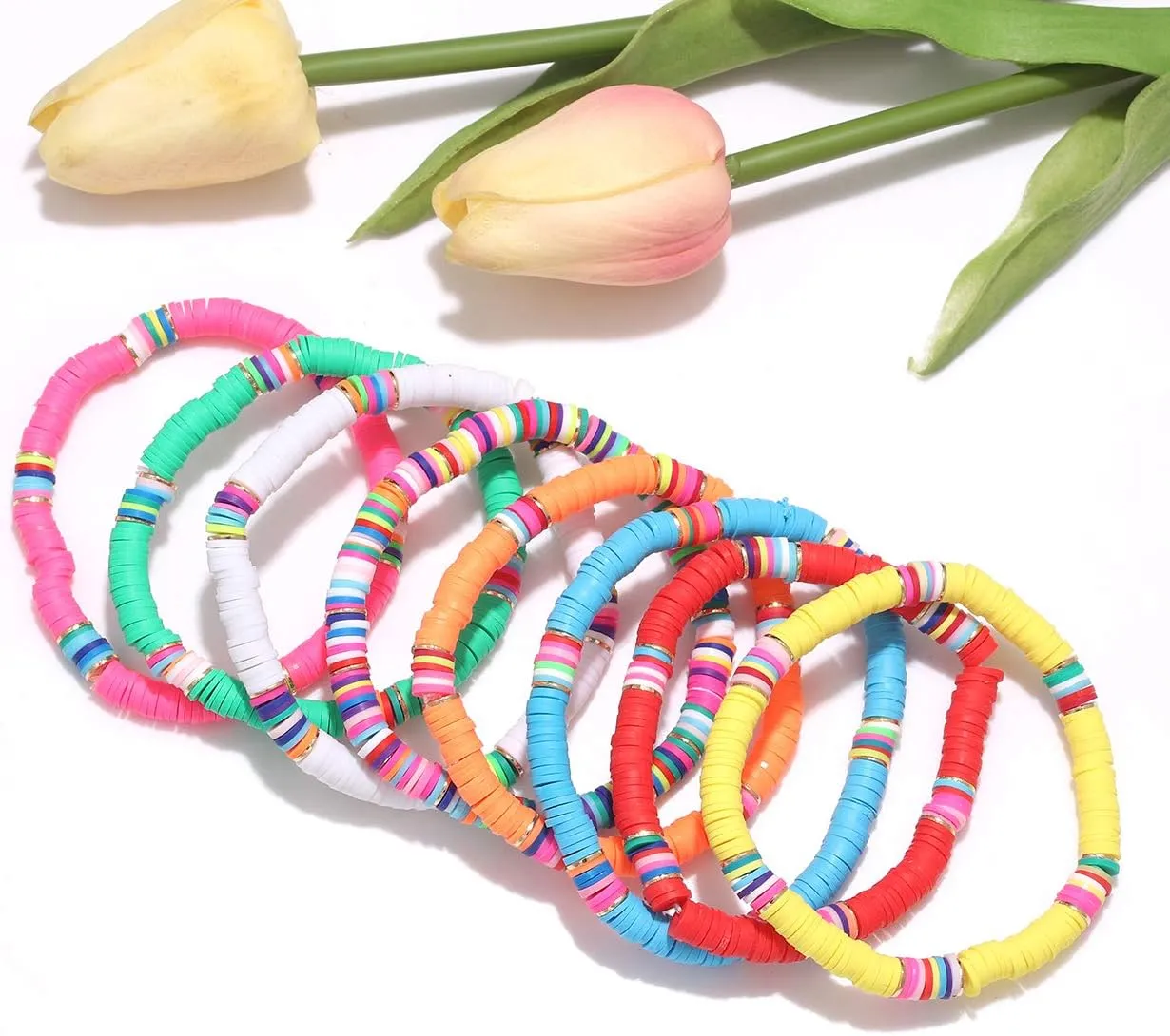NVENF Rainbow Heishi Bracelets for Women Stackable African Vinyl Disc Bead Stretch Bracelets Bohemia Layered Surfer Bracelets Summer Beach Accessory