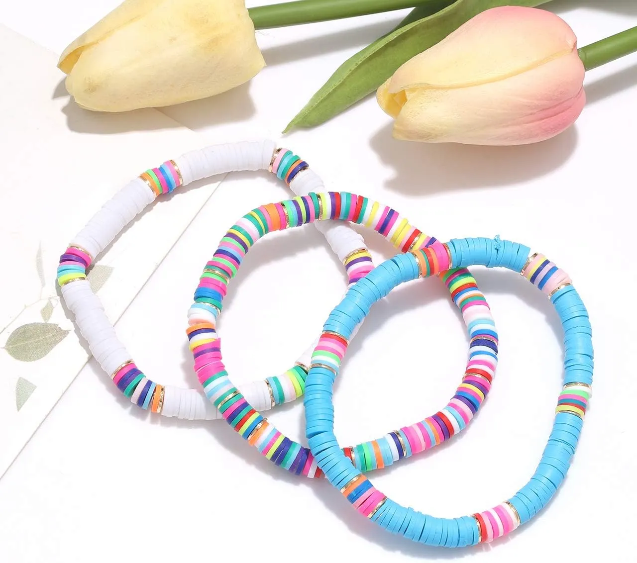 NVENF Rainbow Heishi Bracelets for Women Stackable African Vinyl Disc Bead Stretch Bracelets Bohemia Layered Surfer Bracelets Summer Beach Accessory