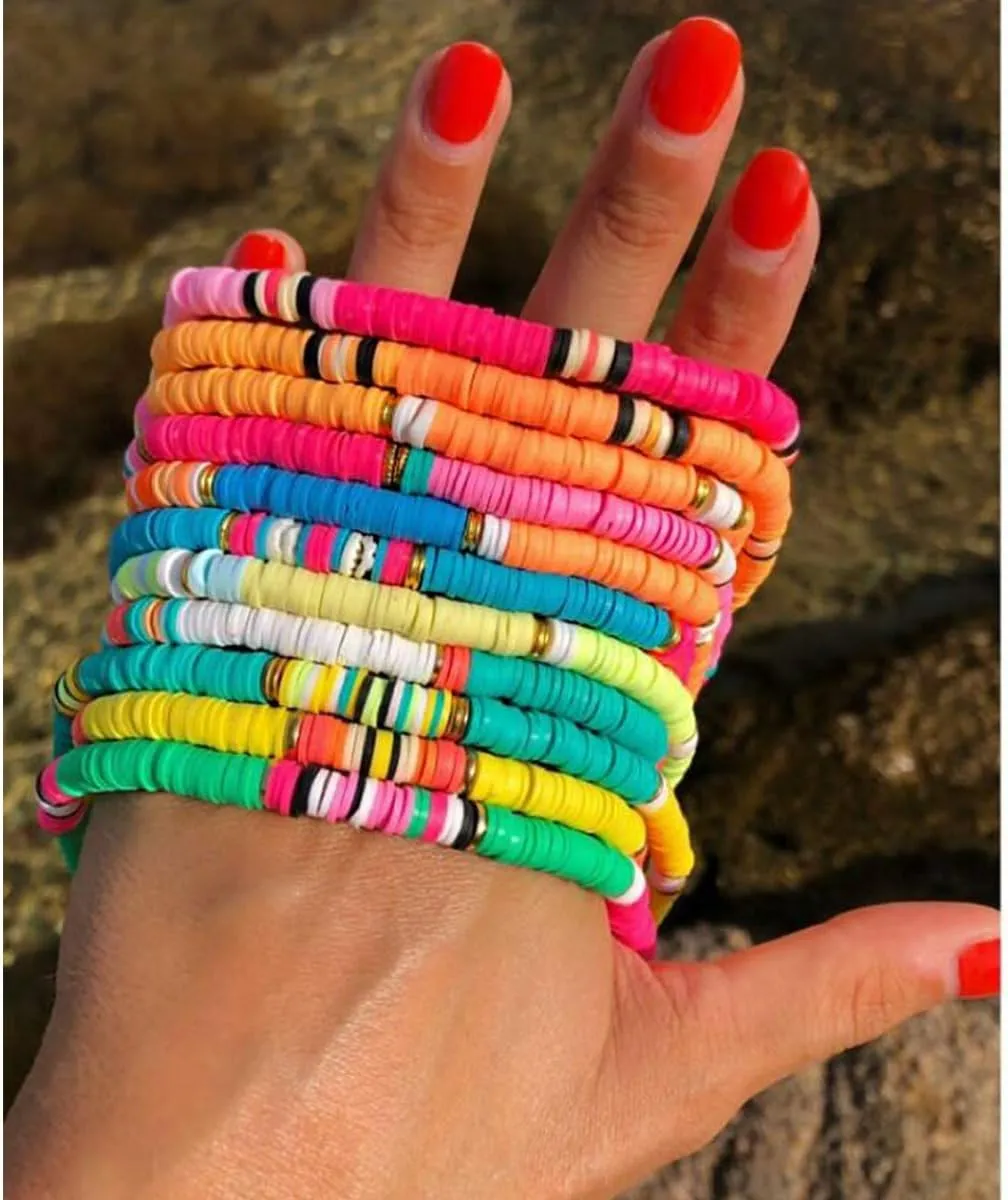 NVENF Rainbow Heishi Bracelets for Women Stackable African Vinyl Disc Bead Stretch Bracelets Bohemia Layered Surfer Bracelets Summer Beach Accessory