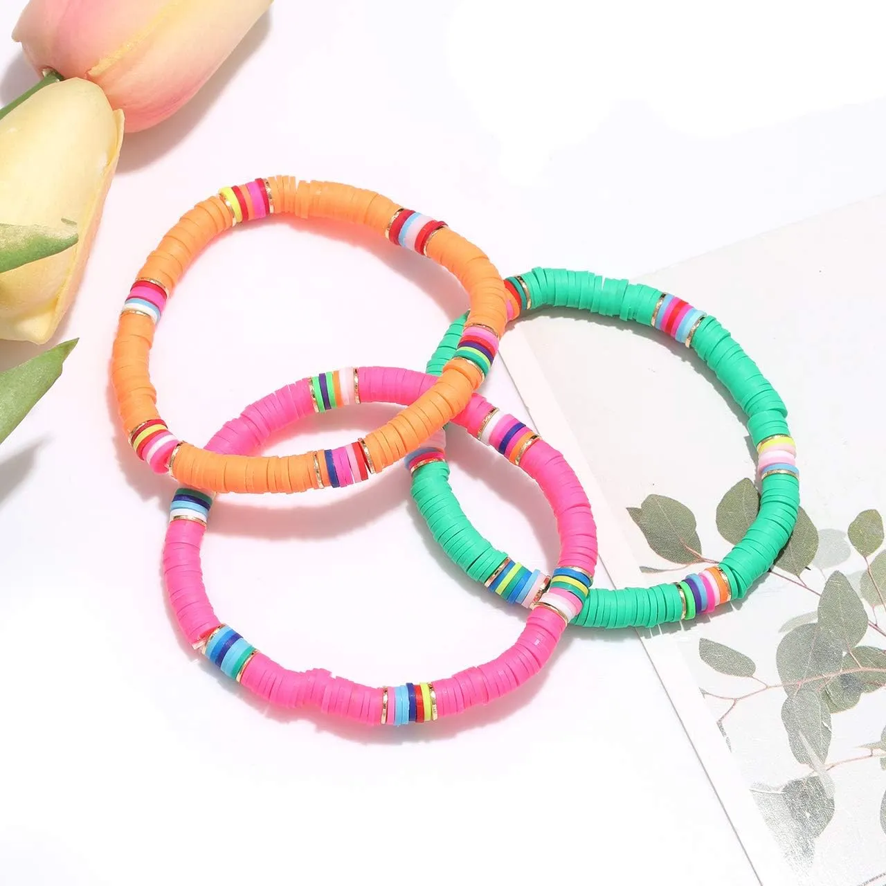 NVENF Rainbow Heishi Bracelets for Women Stackable African Vinyl Disc Bead Stretch Bracelets Bohemia Layered Surfer Bracelets Summer Beach Accessory