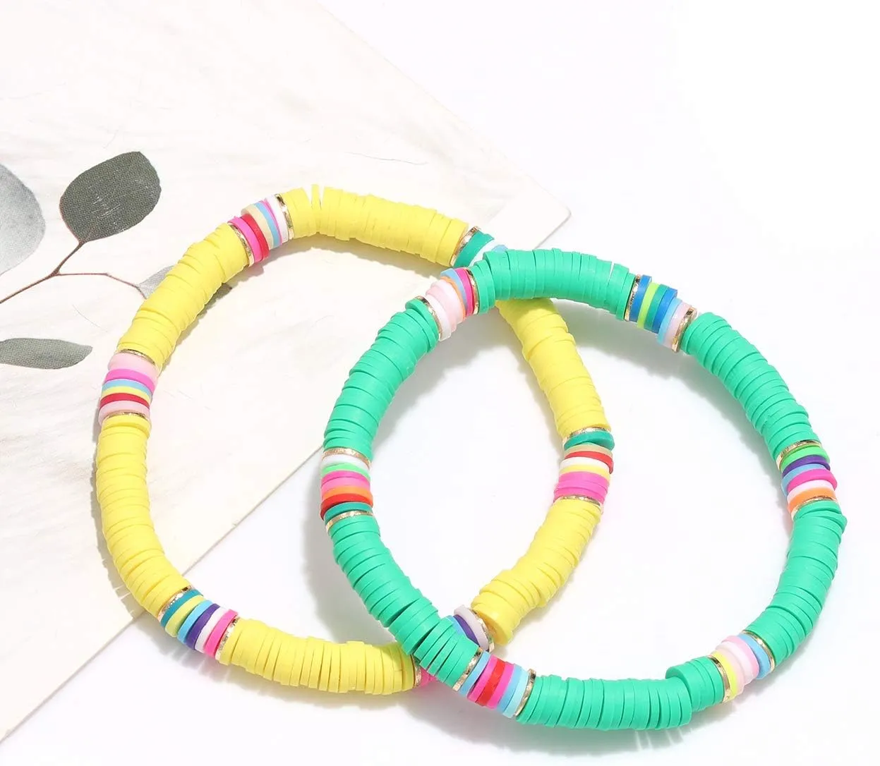 NVENF Rainbow Heishi Bracelets for Women Stackable African Vinyl Disc Bead Stretch Bracelets Bohemia Layered Surfer Bracelets Summer Beach Accessory