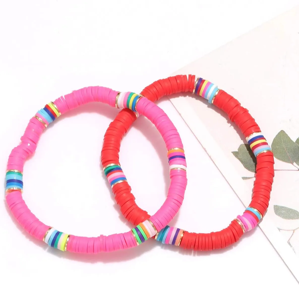 NVENF Rainbow Heishi Bracelets for Women Stackable African Vinyl Disc Bead Stretch Bracelets Bohemia Layered Surfer Bracelets Summer Beach Accessory
