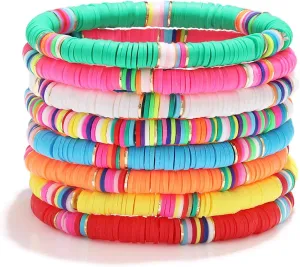 NVENF Rainbow Heishi Bracelets for Women Stackable African Vinyl Disc Bead Stretch Bracelets Bohemia Layered Surfer Bracelets Summer Beach Accessory