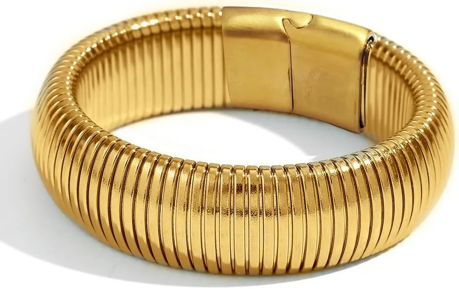 OIDIMS Fashion Bangles for Women Men Chunky Stretch Bracelets Gold Plated Stainless Steel Minimalist Stretchy Snake Link Chain Flexible Wide Wristband Stack Bracelets Designer Unisex Gift