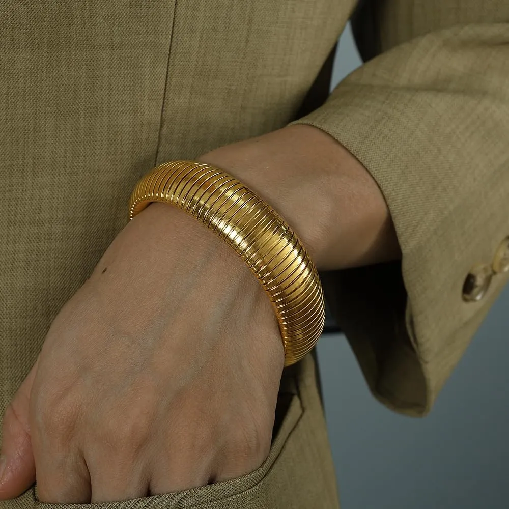 OIDIMS Fashion Bangles for Women Men Chunky Stretch Bracelets Gold Plated Stainless Steel Minimalist Stretchy Snake Link Chain Flexible Wide Wristband Stack Bracelets Designer Unisex Gift