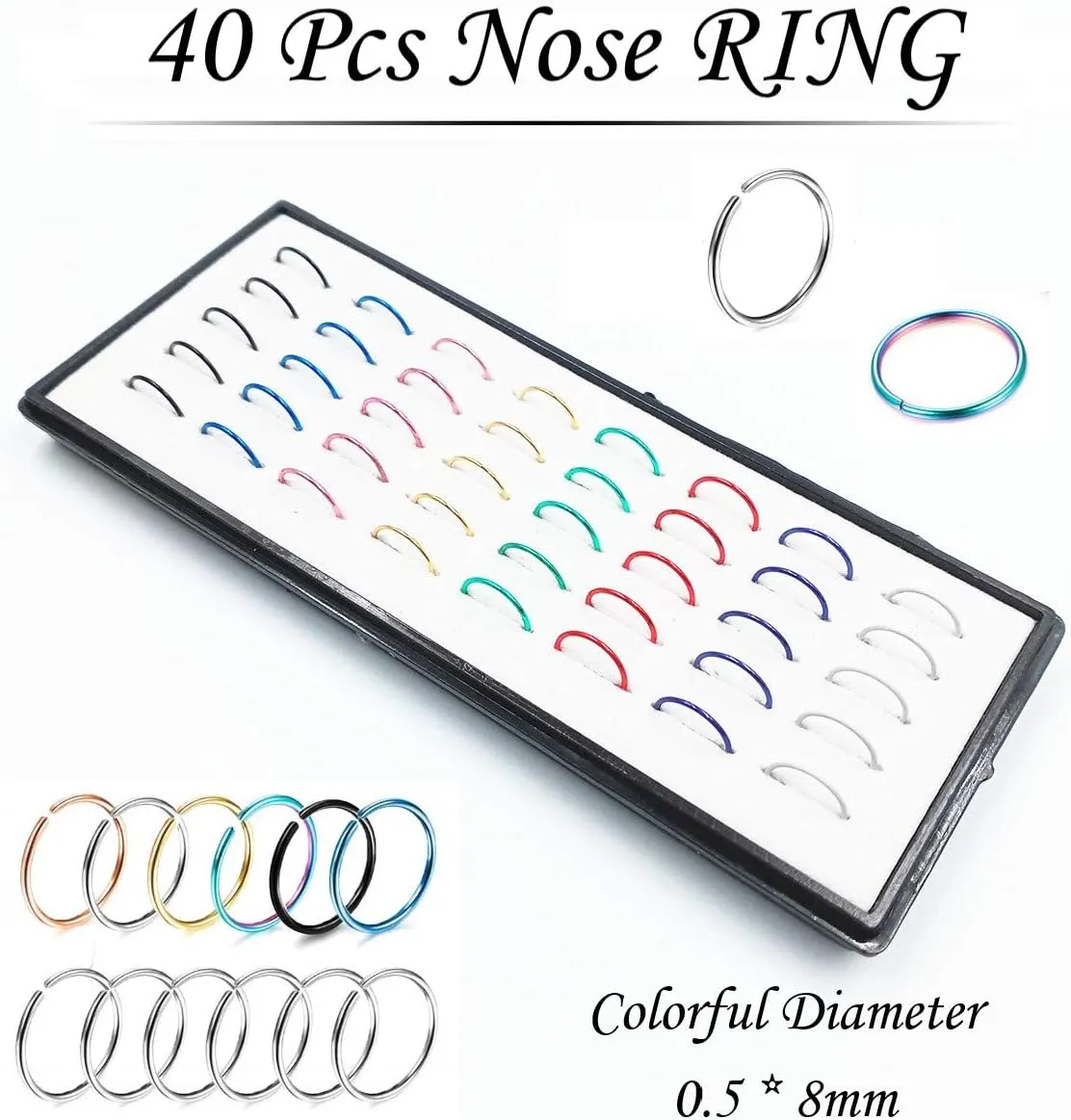 OMAIGAR Nose Rings Studs, 60pcs Straight or L-Shaped or Screw Nose Studs for Women Men, Surgical Stainless Steel Hypoallergenic Nose Piercing Jewelry 1.5/2/2.5mm Size Rhinestone and Ideal Gift