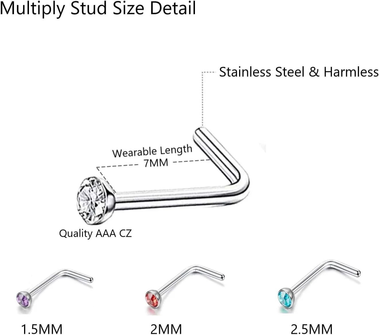OMAIGAR Nose Rings Studs, 60pcs Straight or L-Shaped or Screw Nose Studs for Women Men, Surgical Stainless Steel Hypoallergenic Nose Piercing Jewelry 1.5/2/2.5mm Size Rhinestone and Ideal Gift