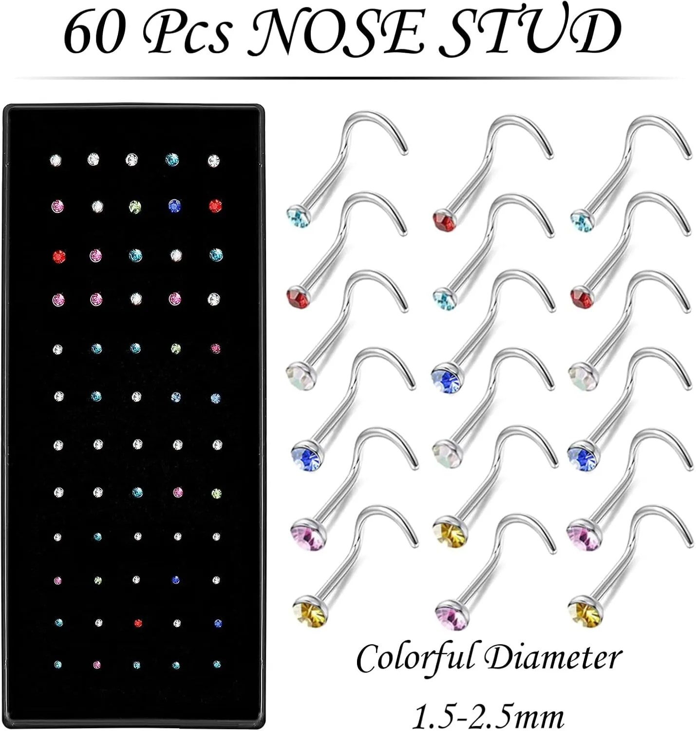 OMAIGAR Nose Rings Studs, 60pcs Straight or L-Shaped or Screw Nose Studs for Women Men, Surgical Stainless Steel Hypoallergenic Nose Piercing Jewelry 1.5/2/2.5mm Size Rhinestone and Ideal Gift