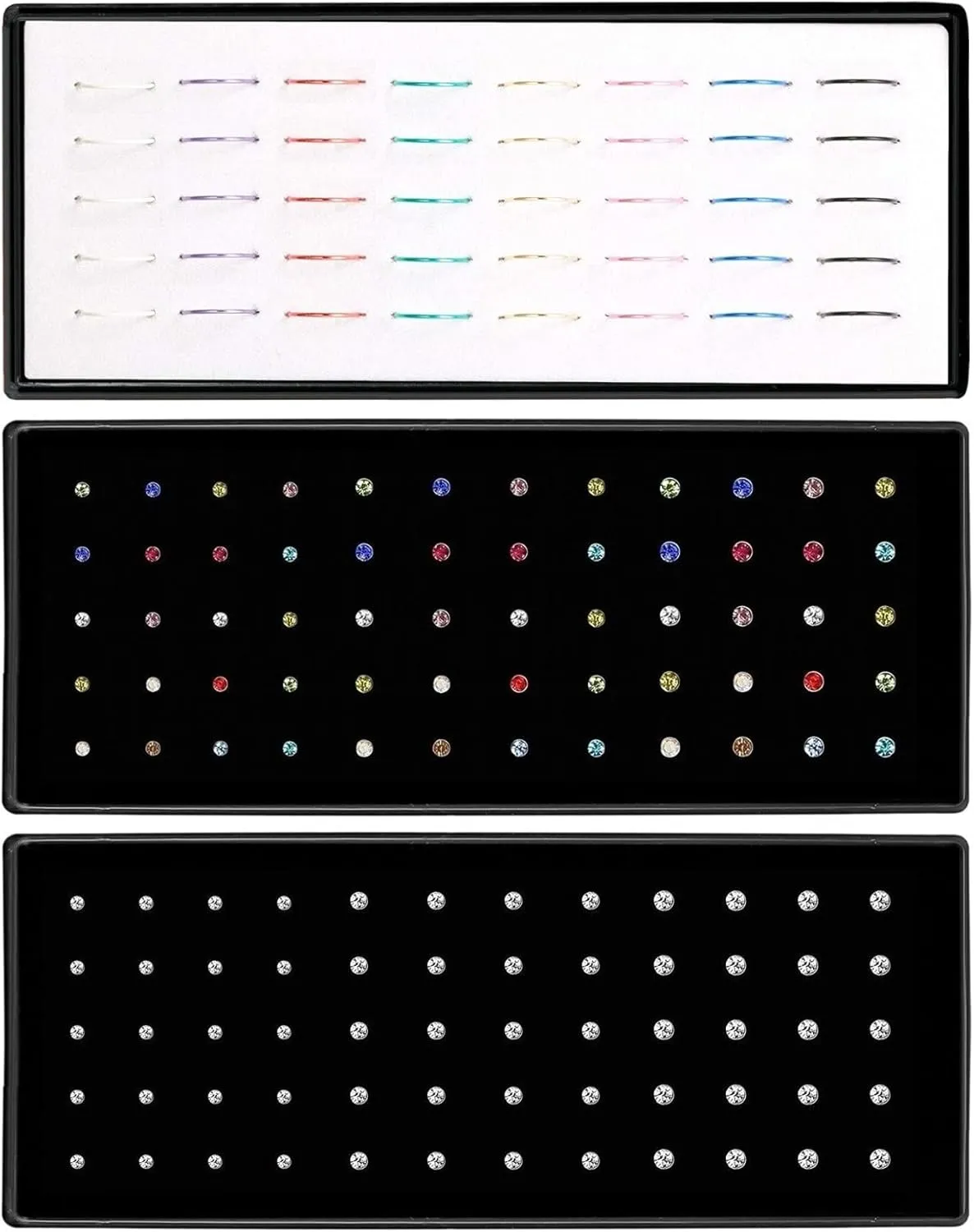OMAIGAR Nose Rings Studs, 60pcs Straight or L-Shaped or Screw Nose Studs for Women Men, Surgical Stainless Steel Hypoallergenic Nose Piercing Jewelry 1.5/2/2.5mm Size Rhinestone and Ideal Gift