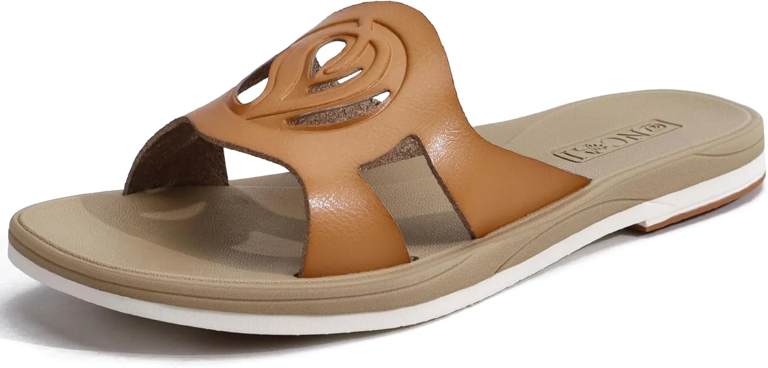 ONCAI Women's Flat Sandals Fashion Slide Dressy Sandals for Women 2025 Soft Vegan Comfortable Summer Slip On Casual Dressy Walking Ladies Sandal Outdoor Microfiber Rubber Sole Beige Size 11