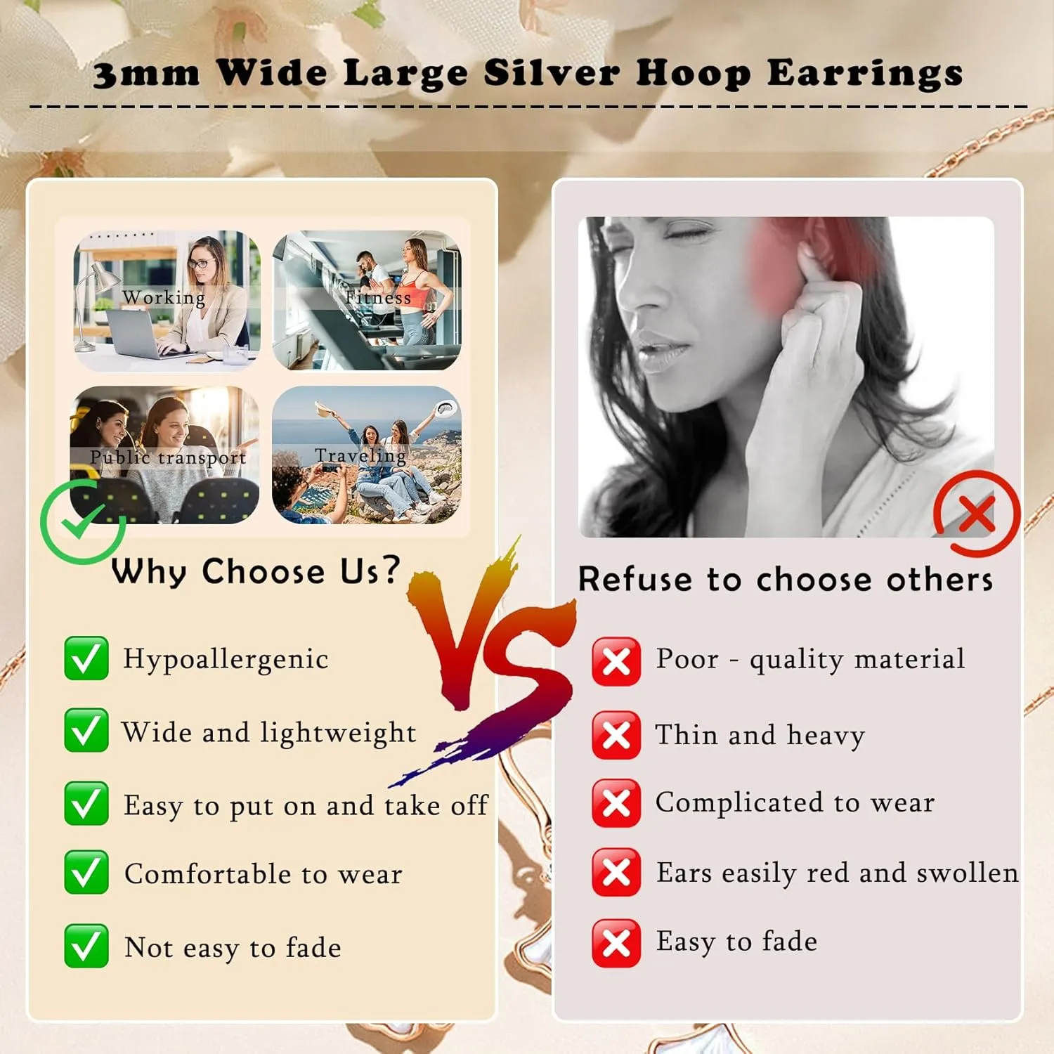 OOOPEL 3mm Wide Large Gold/Silver Hoop Earrings Sterling Silver Hoop Earrings For Women Big Gold Hoops Hypoallergenic 925 Sterling Sliver Earrings Hoops 30/40/50/60mm