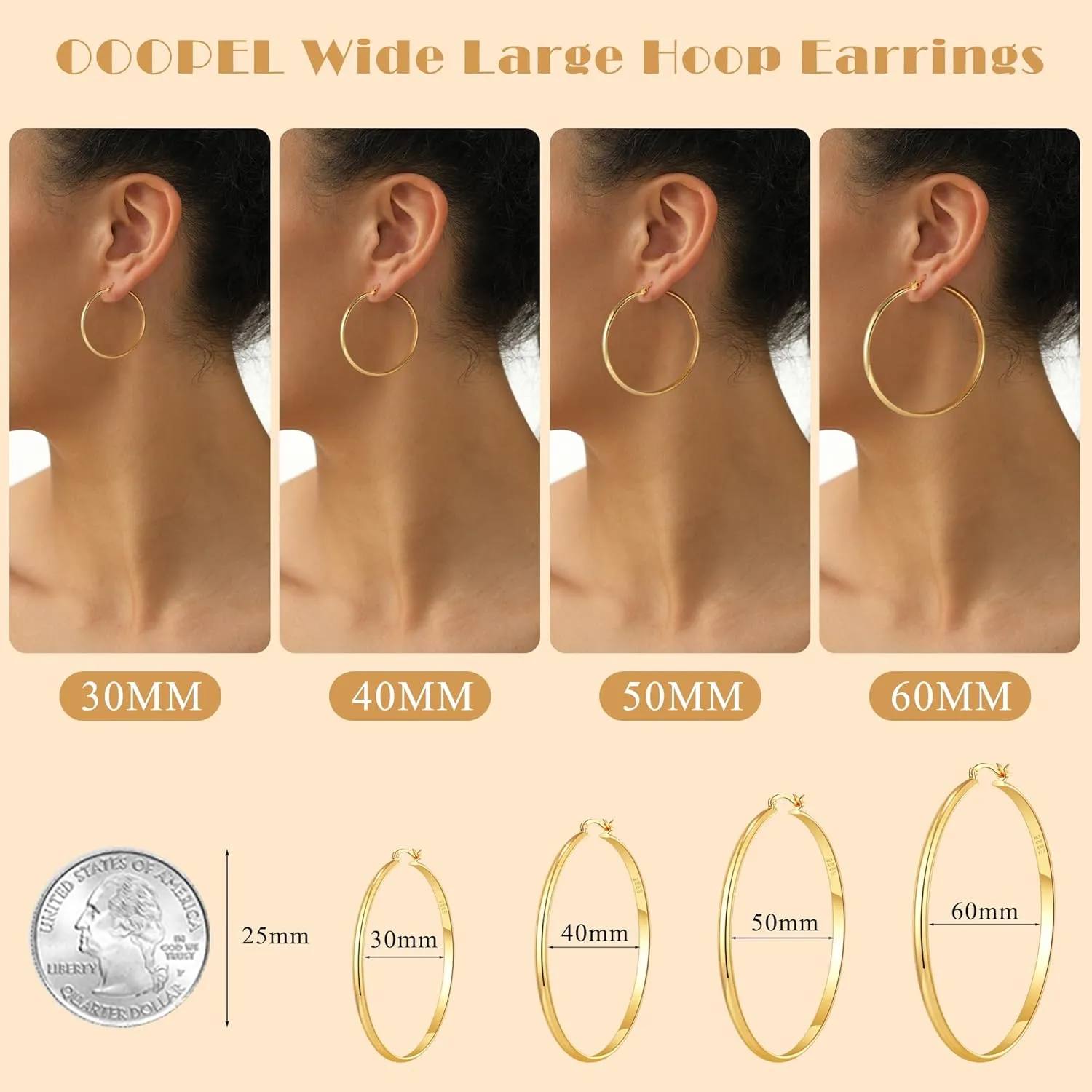 OOOPEL 3mm Wide Large Hoop Earrings for Women Hypoallergenic 925 Sterling Silver Post Gold Earrings Lightweight Silver Hoop Earrings Oversize Big Gold Hoops 30/40/50/60MM