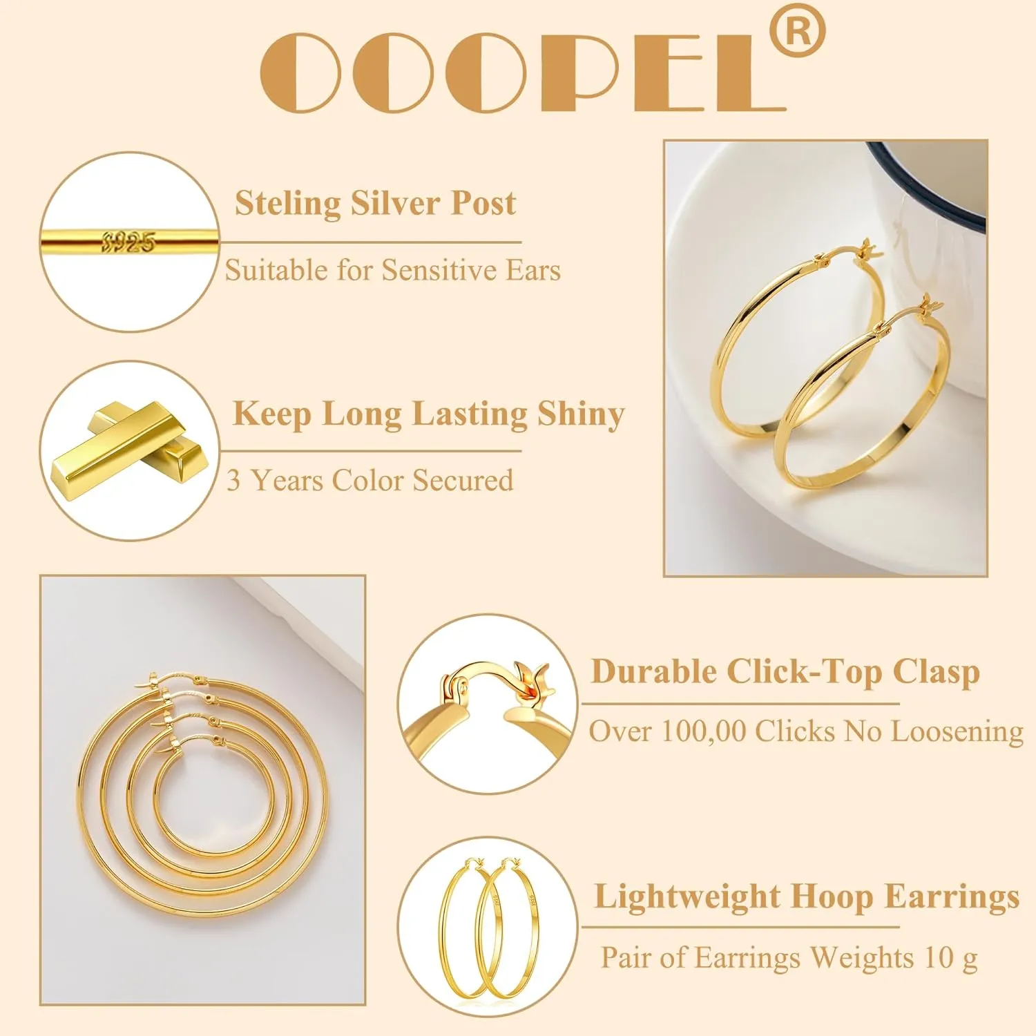 OOOPEL 3mm Wide Large Hoop Earrings for Women Hypoallergenic 925 Sterling Silver Post Gold Earrings Lightweight Silver Hoop Earrings Oversize Big Gold Hoops 30/40/50/60MM