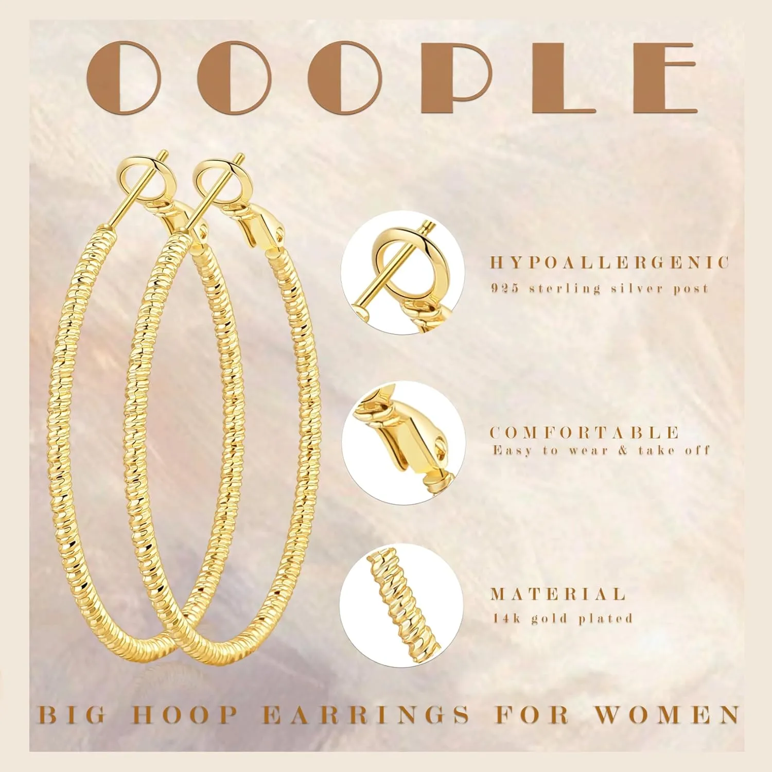OOOPEL Gold Hoops Earrings for Women, 14k Real Gold Plated Big Earring Hoops Lightweight Earrings Hypoallergenic Large Sterling Silver Hoop Earring for Women 30MM 40MM 50MM 60MM