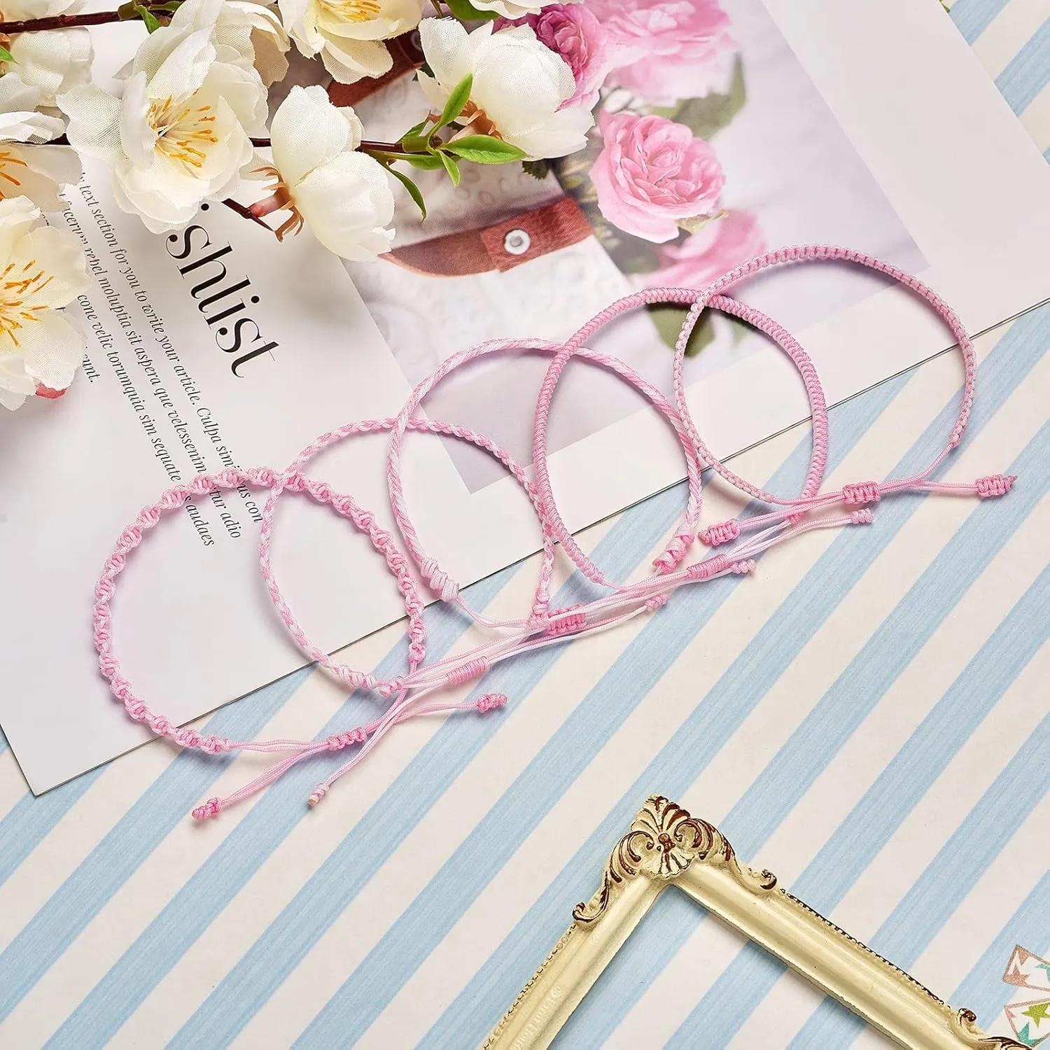 Ornaland 5 Pcs 5 Styles Nylon Thread Woven Braided Bracelets Set Handmade Braided Rope Bracelets Surfer Stretch Friendship Bracelets Adjustable Wrist Cord for Women Men, Pink