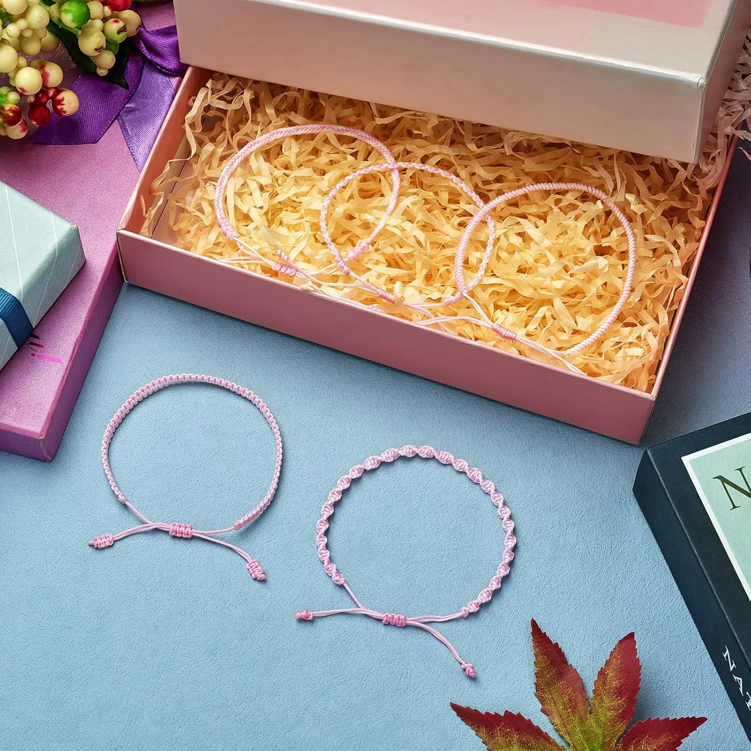 Ornaland 5 Pcs 5 Styles Nylon Thread Woven Braided Bracelets Set Handmade Braided Rope Bracelets Surfer Stretch Friendship Bracelets Adjustable Wrist Cord for Women Men, Pink