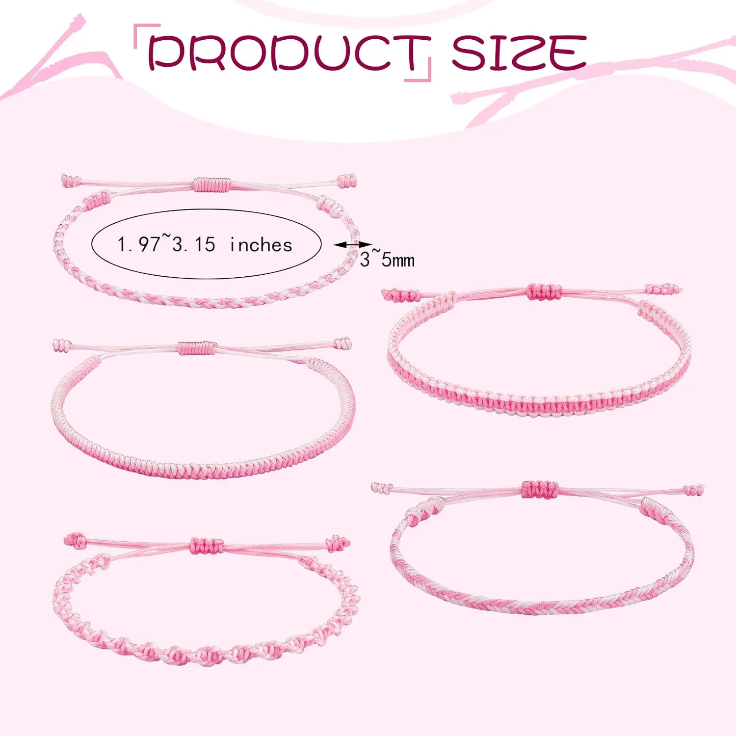 Ornaland 5 Pcs 5 Styles Nylon Thread Woven Braided Bracelets Set Handmade Braided Rope Bracelets Surfer Stretch Friendship Bracelets Adjustable Wrist Cord for Women Men, Pink