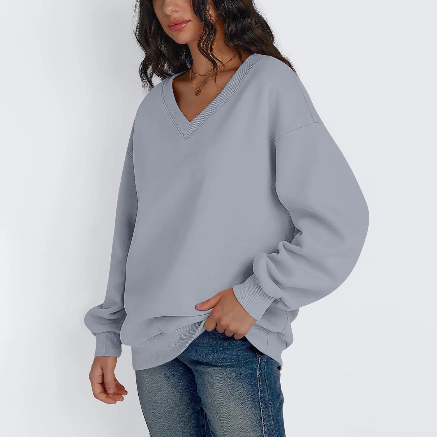 Oversized V Neck Sweatshirt Women Casual Workout Fleece Pullover Sweaters Cute Teen Long Sleeve Sweat Shirts Y2k Tops