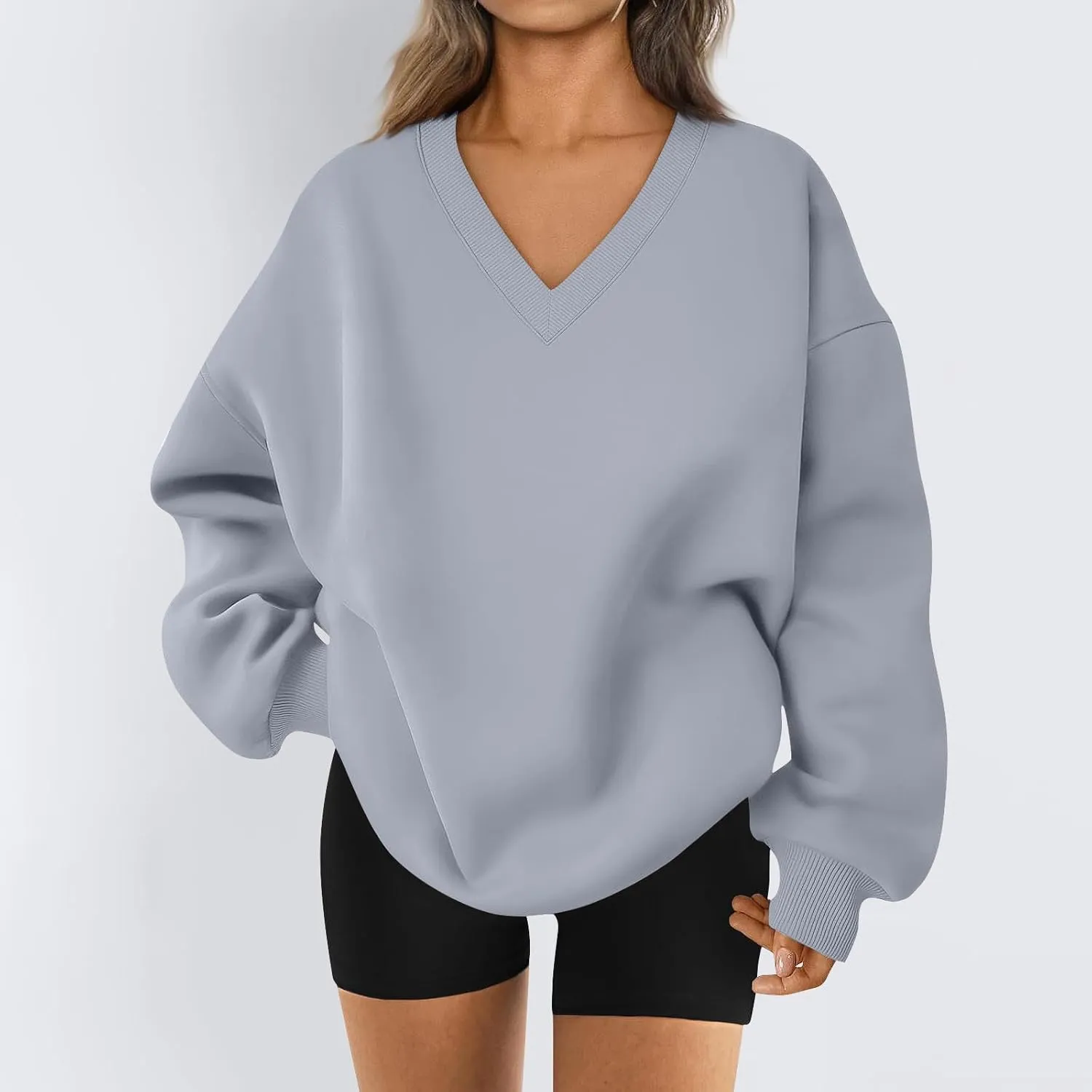 Oversized V Neck Sweatshirt Women Casual Workout Fleece Pullover Sweaters Cute Teen Long Sleeve Sweat Shirts Y2k Tops
