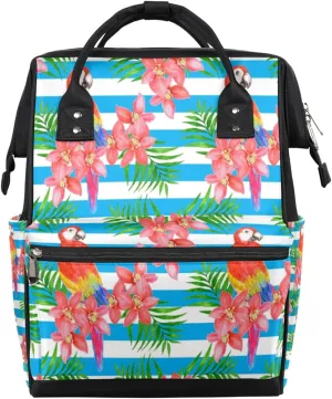 Parrots Orchids Palm Leaves Striped Diaper Bag Tote Large Capacity Waterproof with Adjustable Shoulder Strap and Pram Straps Mommy Bag for Hospital Beach Weekender Travel