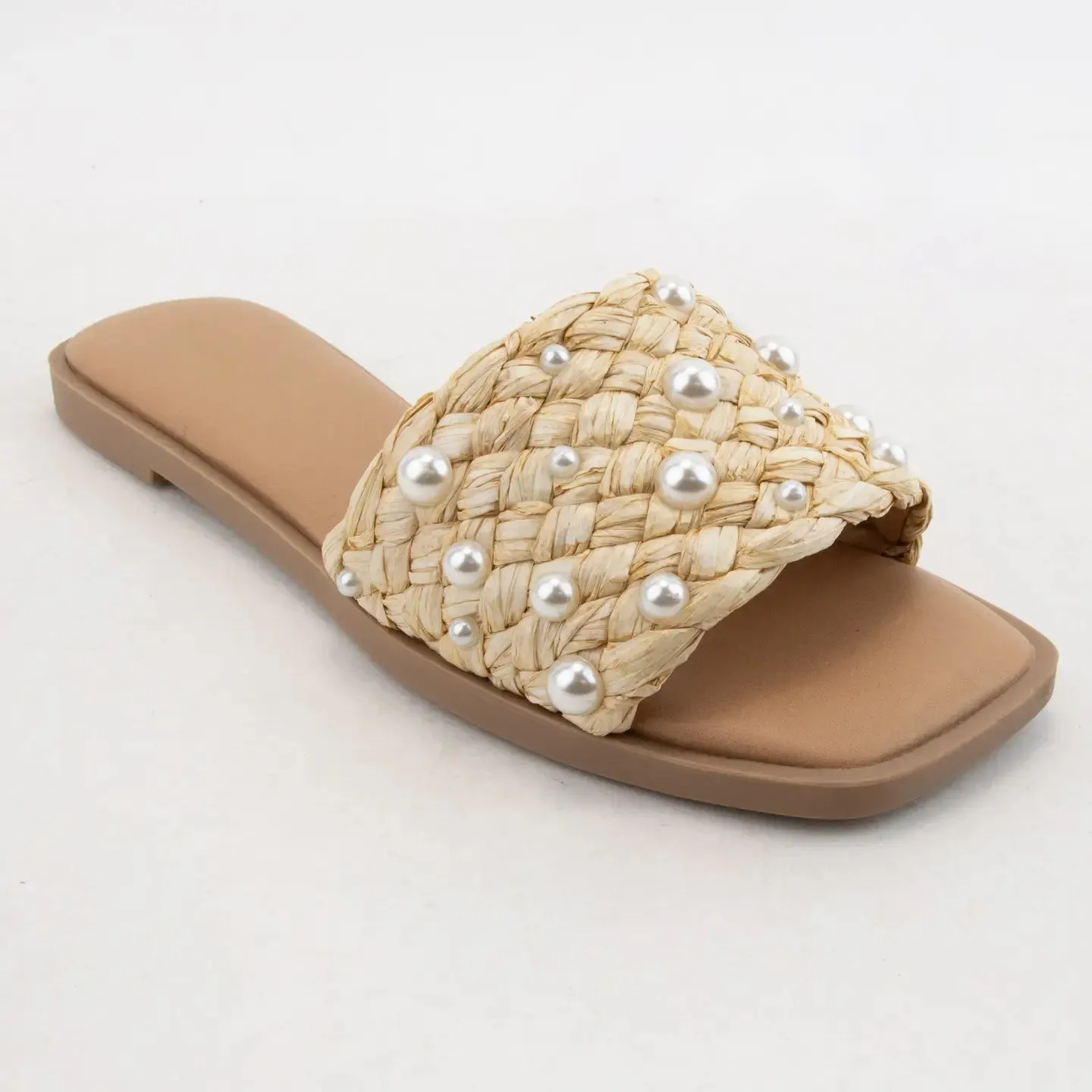 PEARL AND WOVEN RAFFIA SLIDE SANDALS