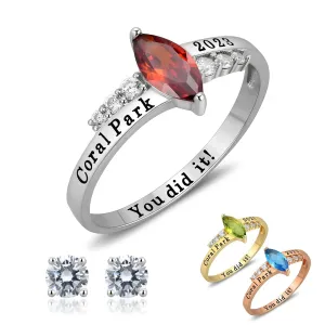 Personalized Custom Class Rings Cubic Zirconia Birthstone Rings Class Rings for Women High School Rose Gold Plated Sterling Silver Rings Women's Class Rings Size 5-15 Graduation Rings
