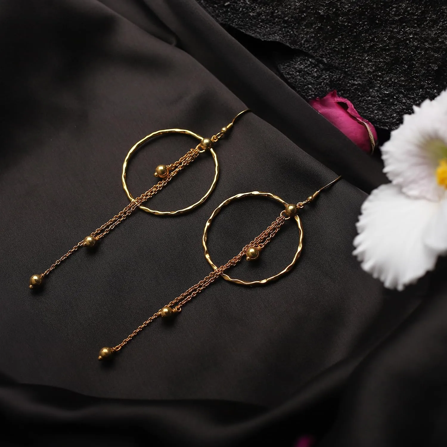 PHNX Gold Dangling Circle Hoop Earrings with Chains & Beads |Gold Threader Earrings for Women |Gold Plated 925 Sterling Silver Hammered Hoop Earrings | Long Chain Dangle Earrings | Mother's Day Gift