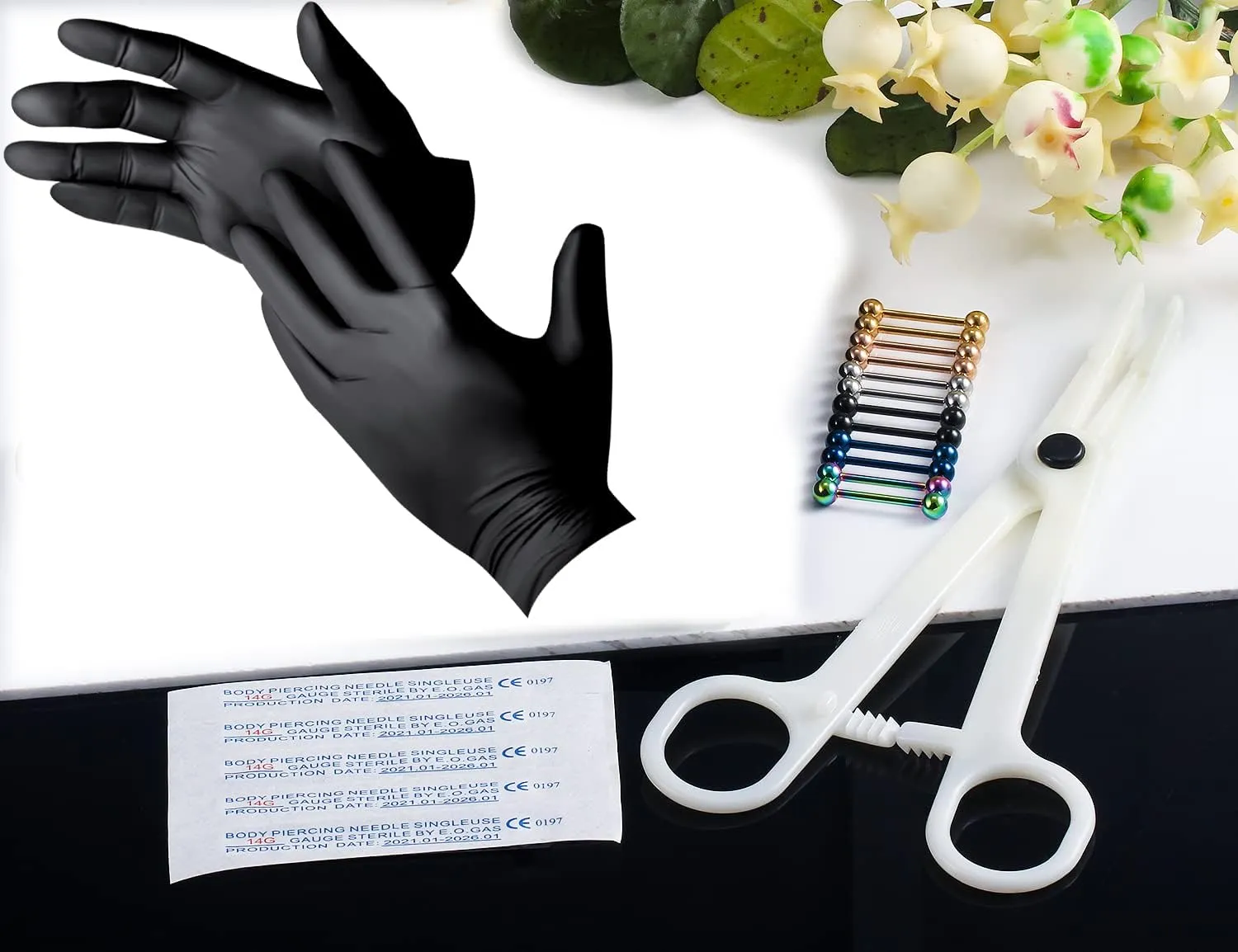 Piercing Kit 14G Nipple Rings Tongue Rings Surgical Stainless Steel Nipple/Tongue Piercing Jewelry kit 14 Gauge Piercing Needles Silver Black Rainbow Nipple ring tongue Ring For Women men