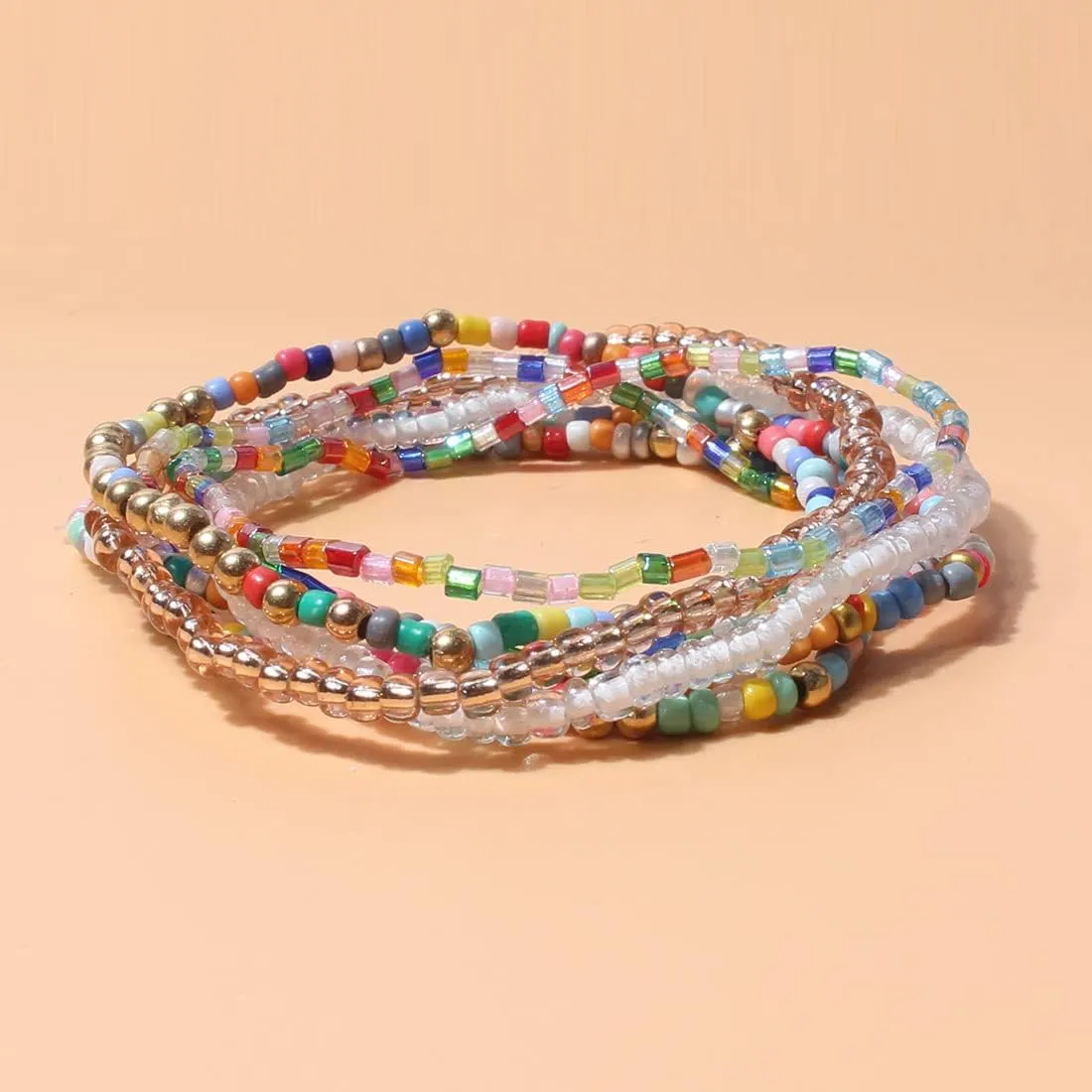 Pingyongchang Stackable Multi Layer Bohemian Bead Bracelet For Women Handmade Colorful Beads Layered Stretch Multilayer Bangles Bracelets Beach Anklets Jewelry String Charm Bracelets 6 pieces