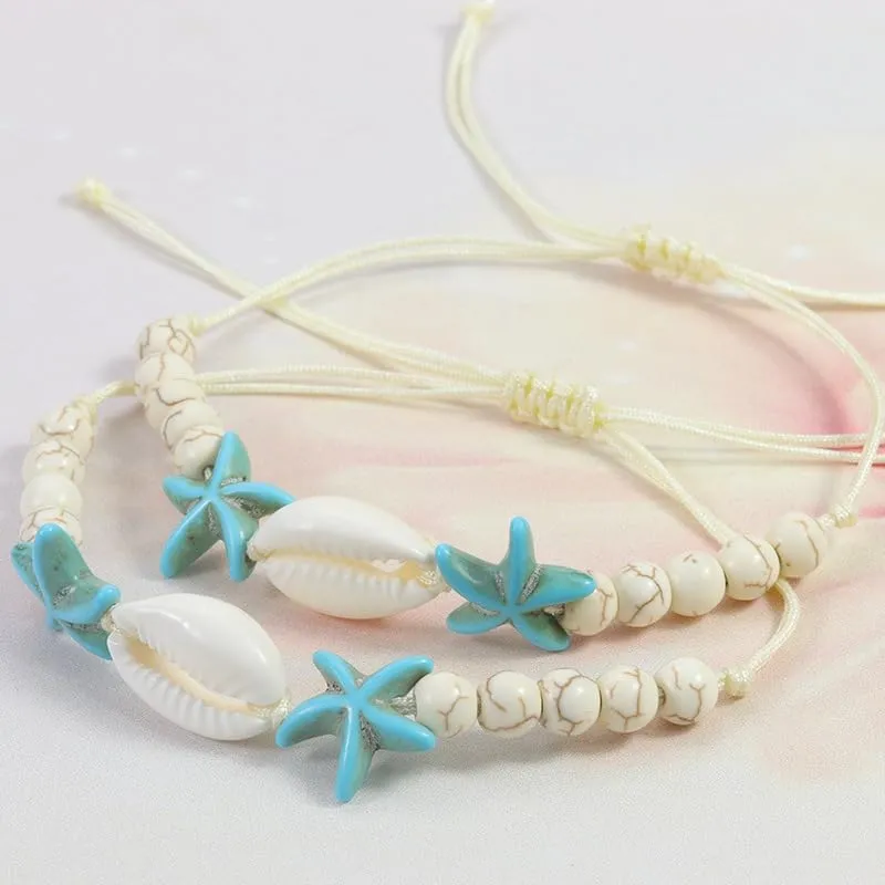 Pingyongchang Surfer Turquoise Colorful Starfish Beads Bracelets Stackable Bangle for Women Waterproof Handmade Starfish Sea Bracelet Adjustable Boho Summer Ocean Beach Bracelet Accessories
