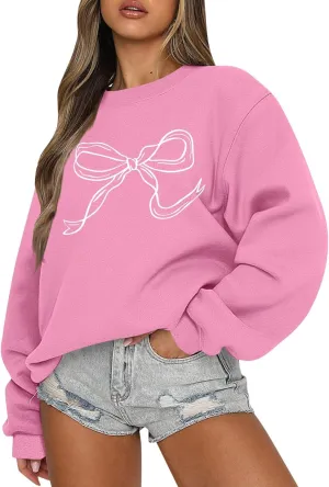 Pink Bow Sweatshirt - Coquette Embroidered Crewneck Pullover for Women, Cute Clean Girl Aesthetic