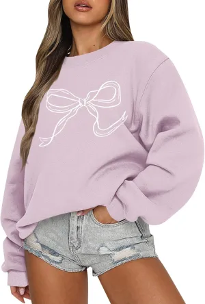 Pink Bow Sweatshirt - Coquette Embroidered Crewneck Pullover for Women, Cute Clean Girl Aesthetic