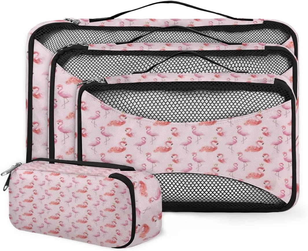 Pink Flamingos Pattern 4 Piece Packing Travel Organizer Cubes Set Mesh Fabric Ventilate Design Lightweight Travel Accessories 4 Sizes (Extra Large, Large, Medium, Small)
