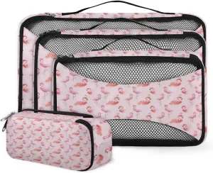Pink Flamingos Pattern 4 Piece Packing Travel Organizer Cubes Set Mesh Fabric Ventilate Design Lightweight Travel Accessories 4 Sizes (Extra Large, Large, Medium, Small)